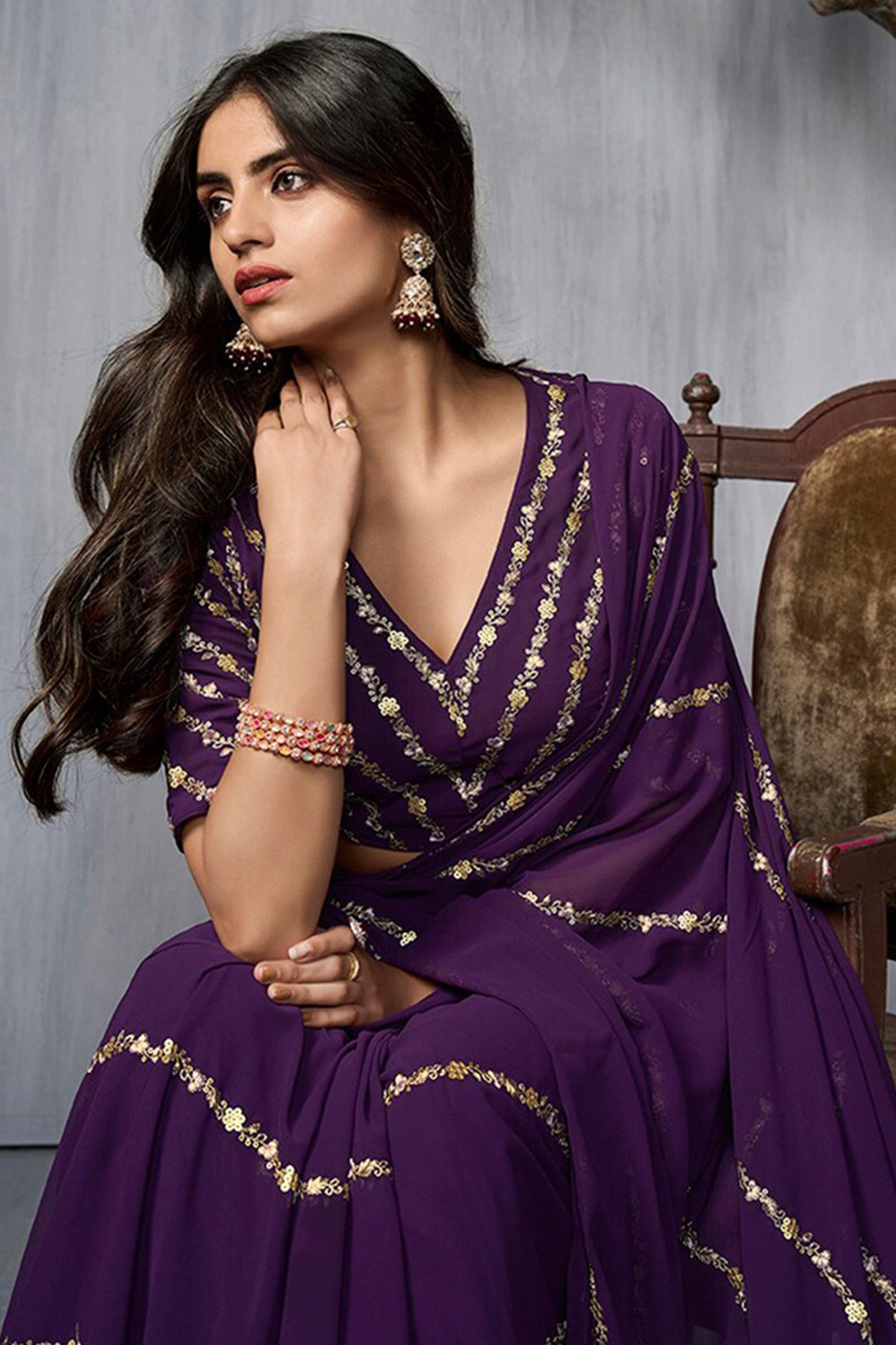 Elegant Purple Floral Georgette Saree Embellished With Fine Sequins Embroidery