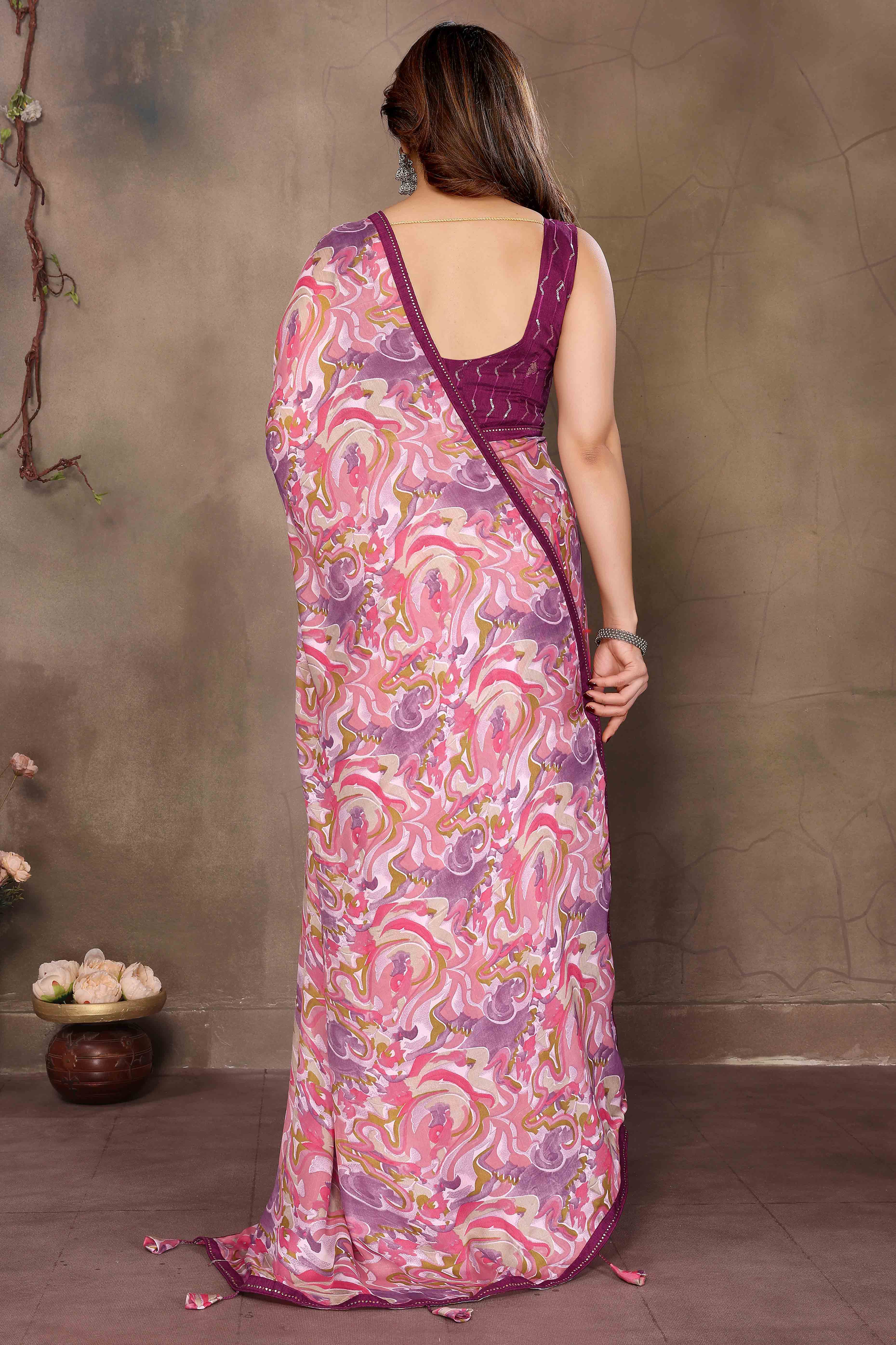 Pink Chiffon Party Saree with Vibrant Floral Patterns and Graceful Drape