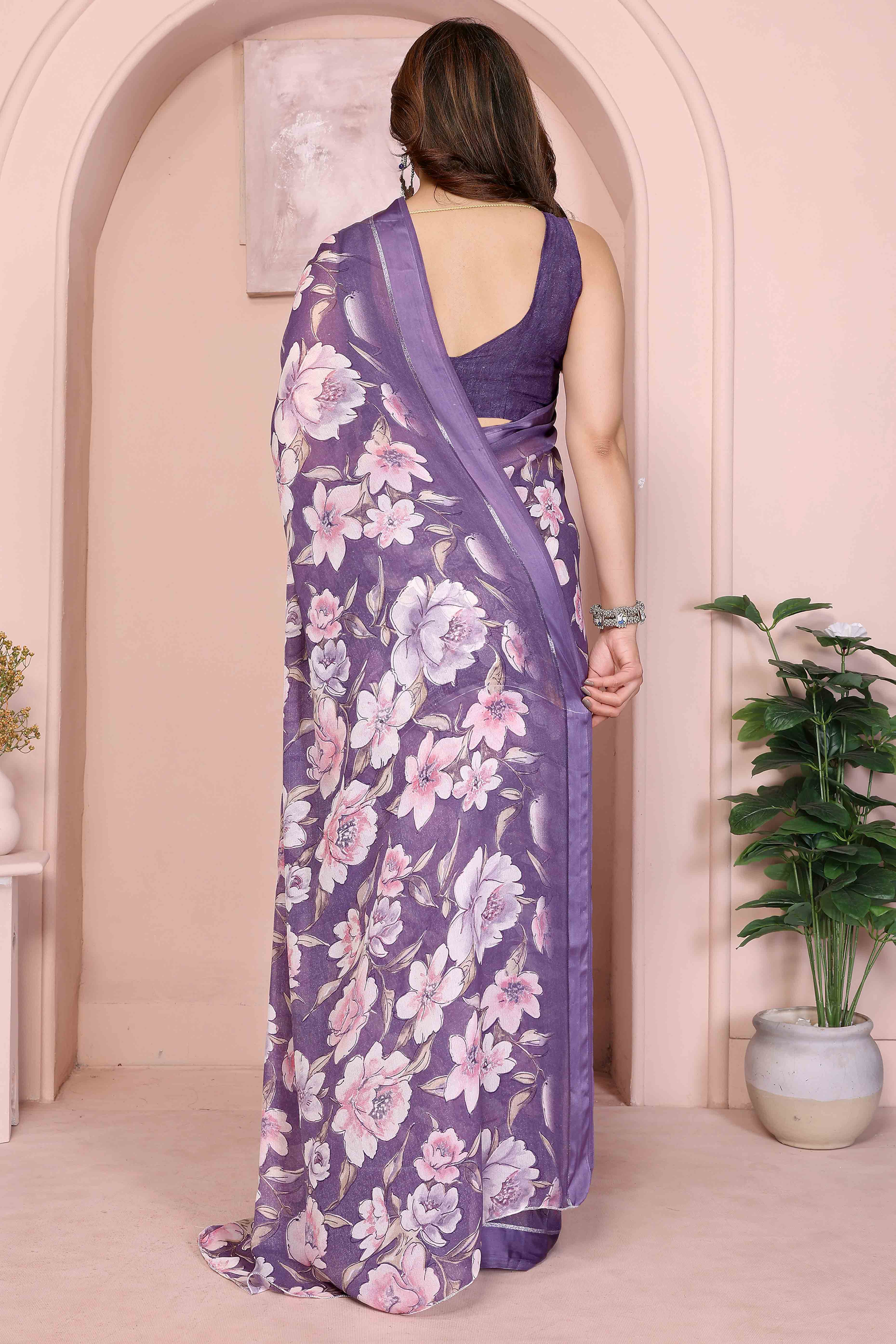 Purple Crepe Saree Accentuated With Satin Patta & Floral Print Detailing