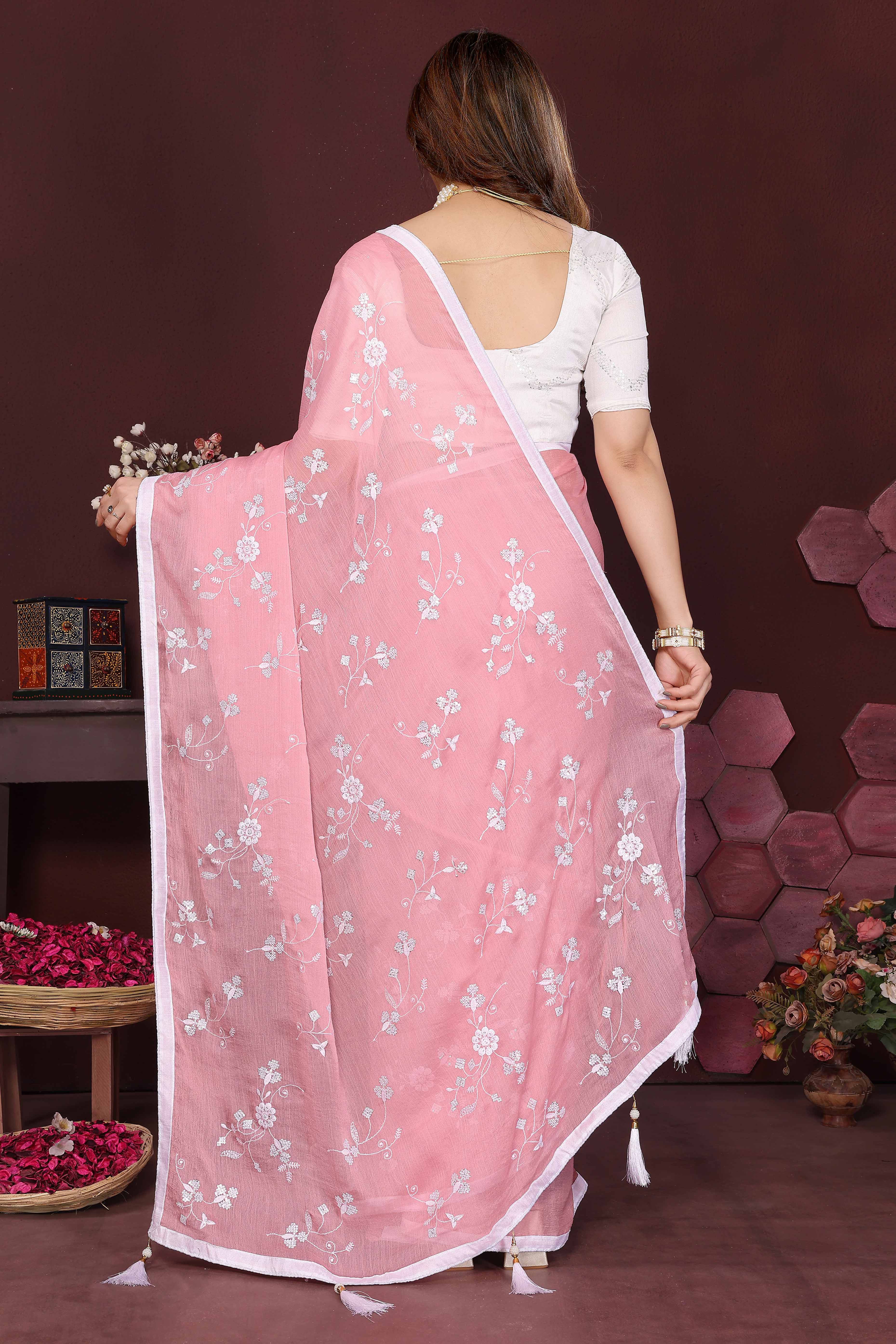 Pink Bloom Saree adorned with Moss Floral Embroidery and Delicate Lace Border