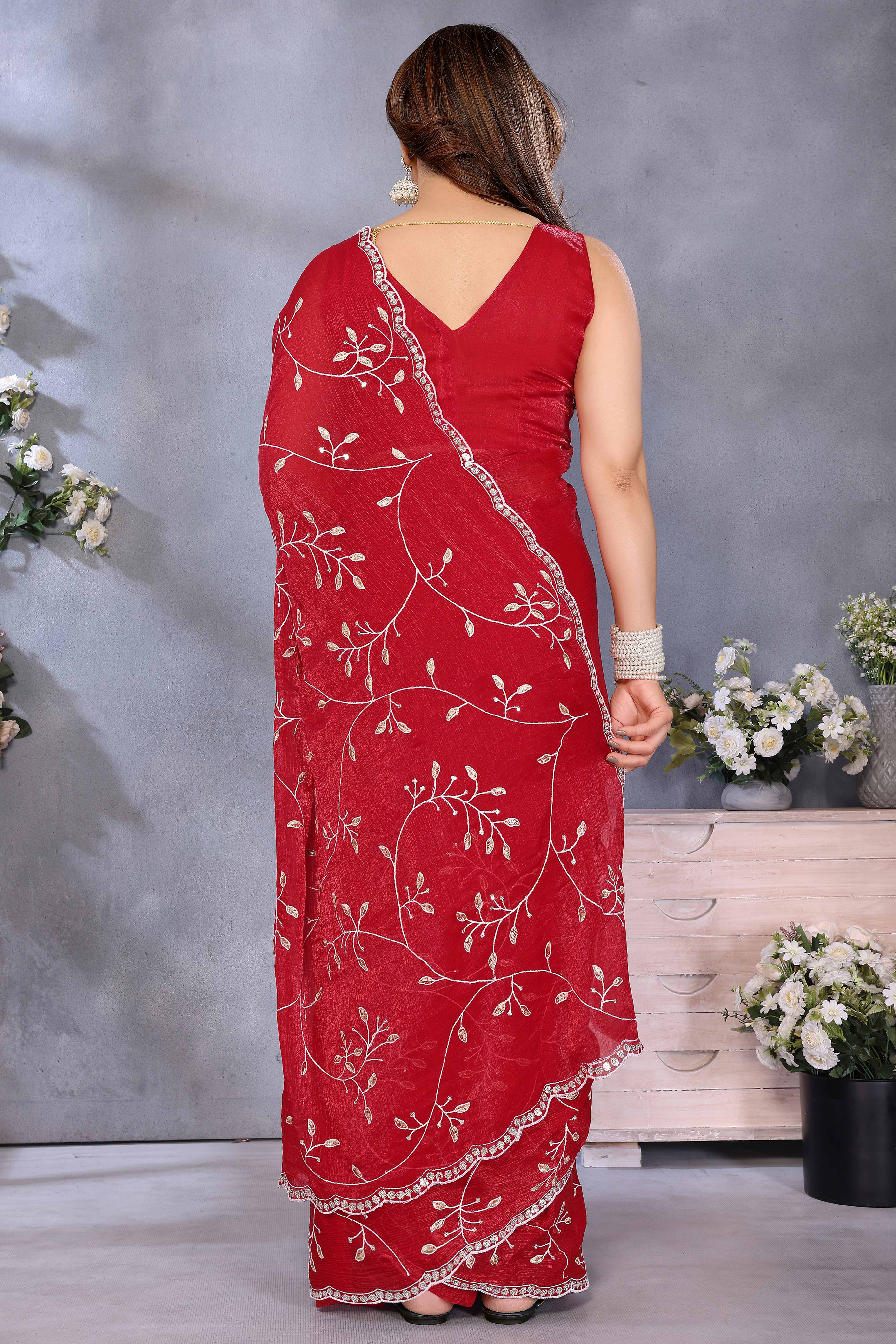 Red Jimmy Choo Chiffon Saree Adorned with Delicate Floral Sequins Embroidery