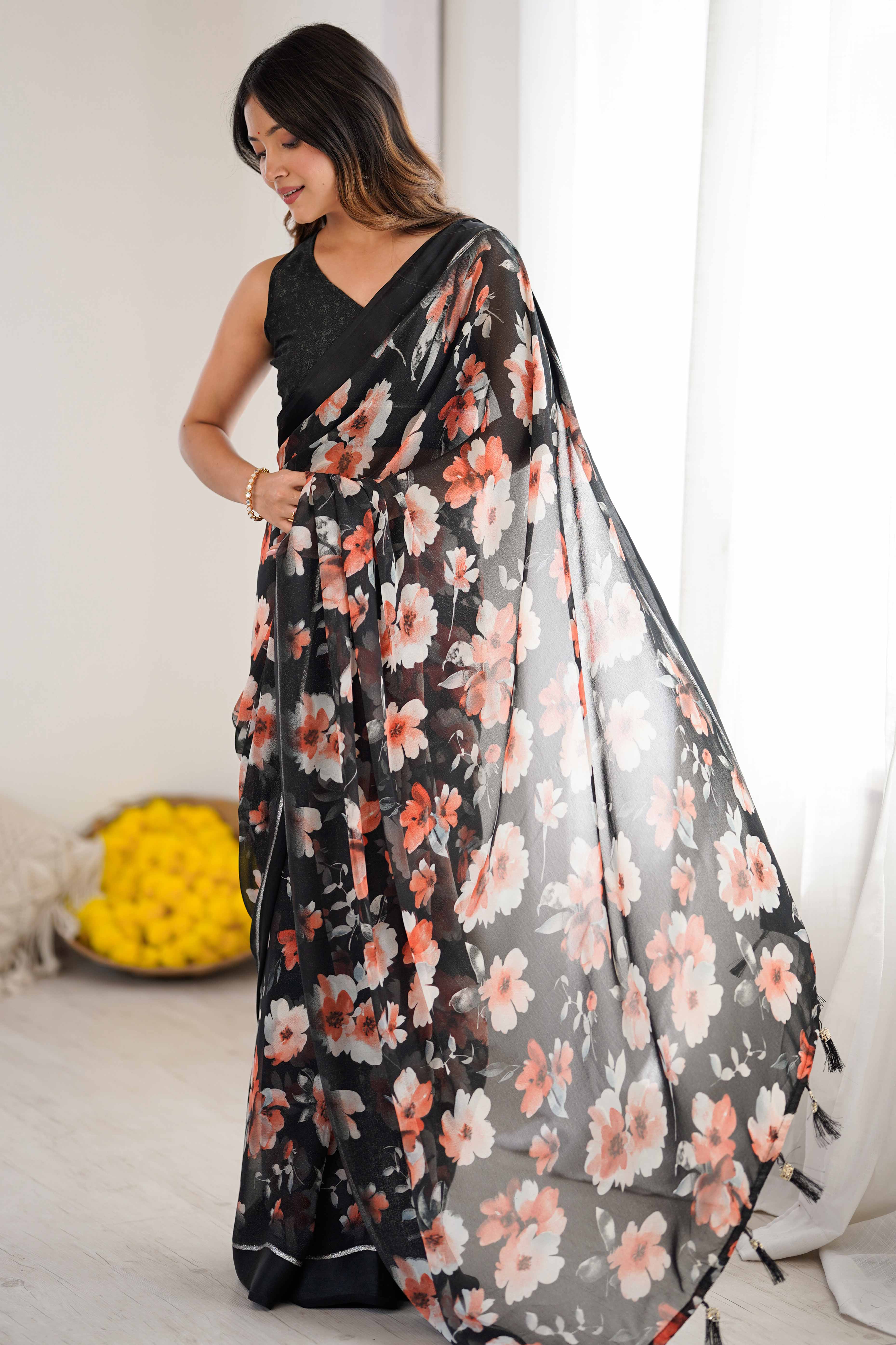 Black Floral Printed Moss Silk Blend Saree Adorned With Playful Tassel Pallu