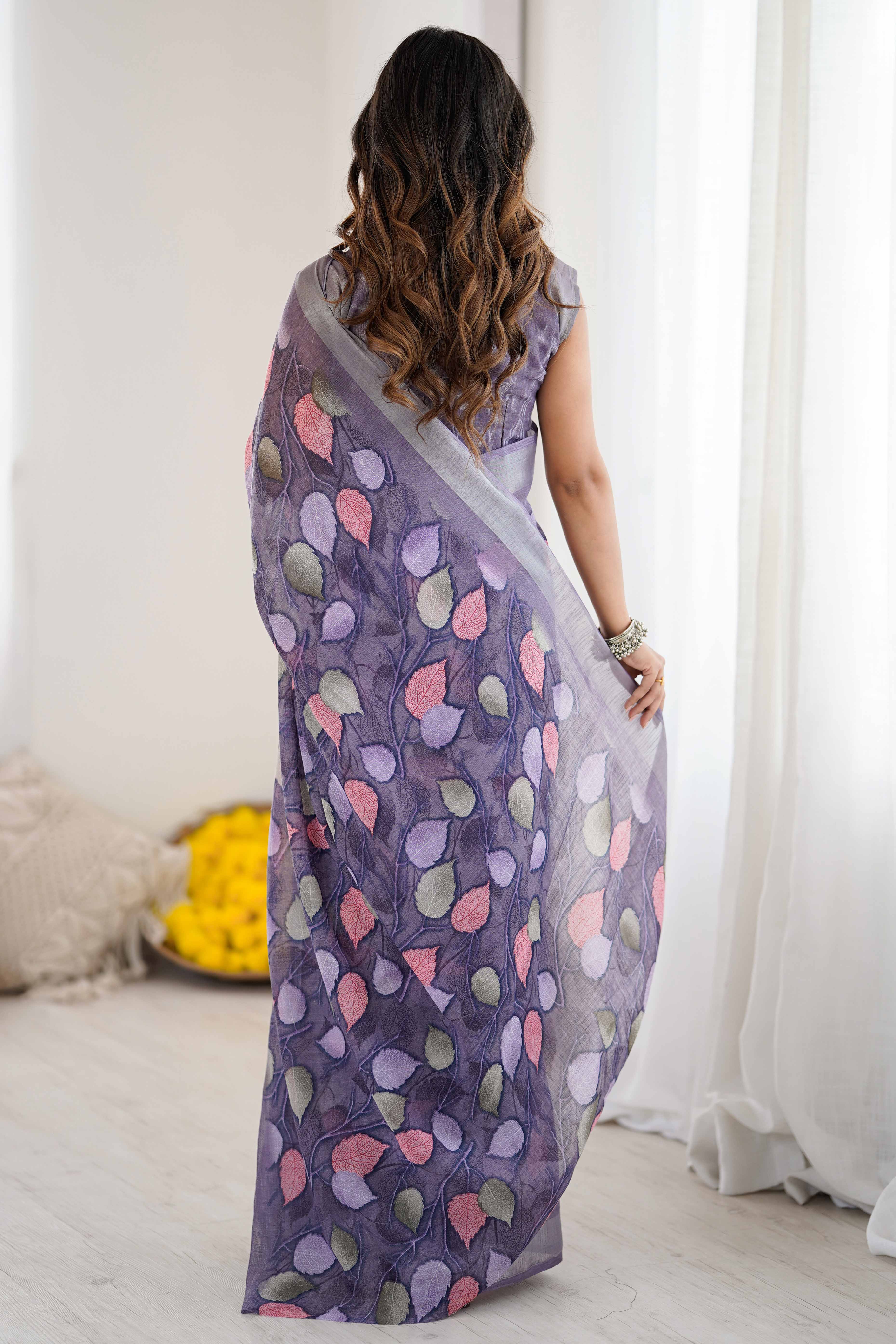 Lavender Linen Saree With Graceful All Over Leaf Pattern