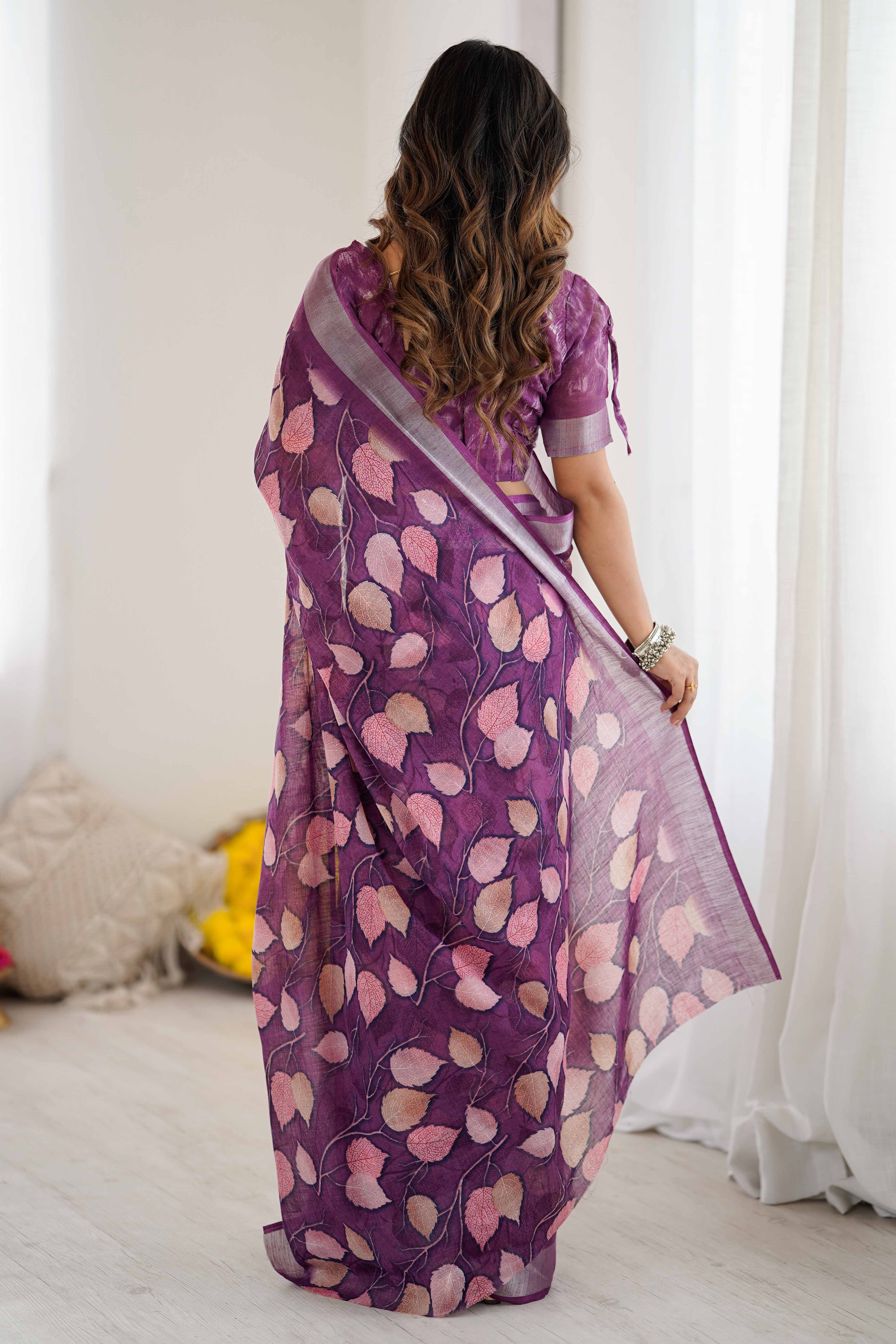 Purple Linen Saree With Graceful All Over Leaf Pattern
