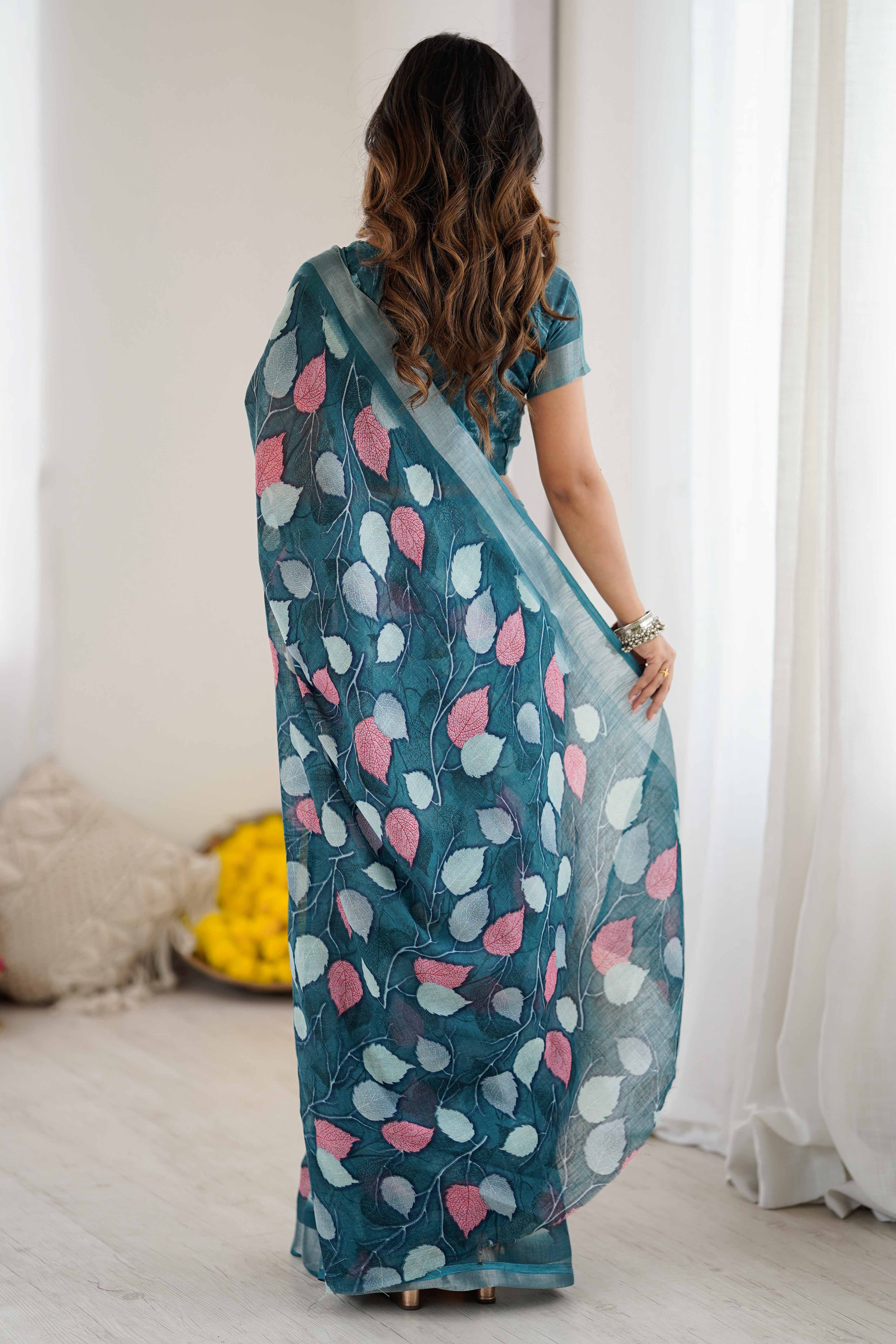 Teal Linen Saree With Graceful All Over Leaf Pattern