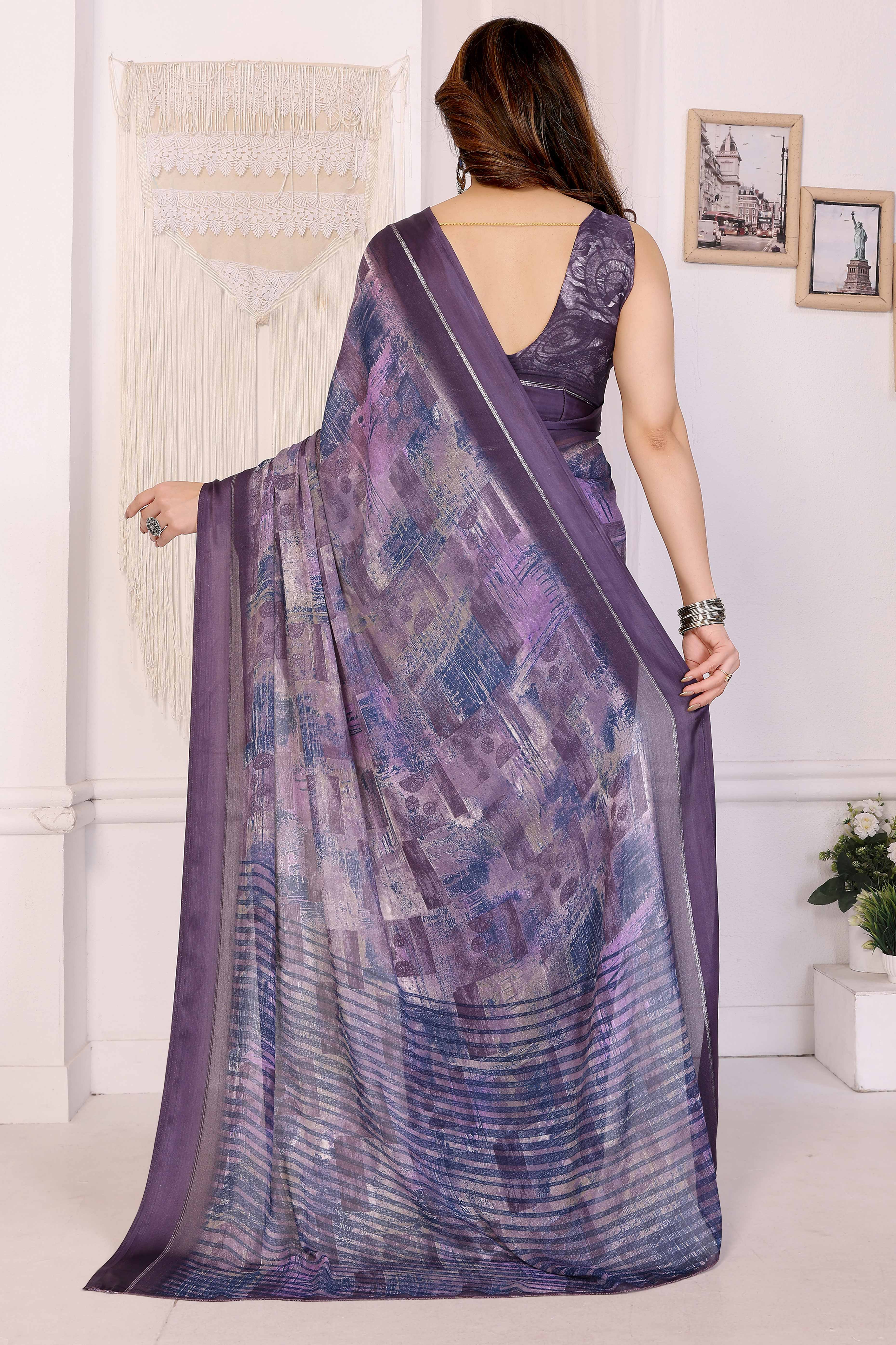 Trendy Purple Moss Crepe Saree with Floral Motifs and Satin Border