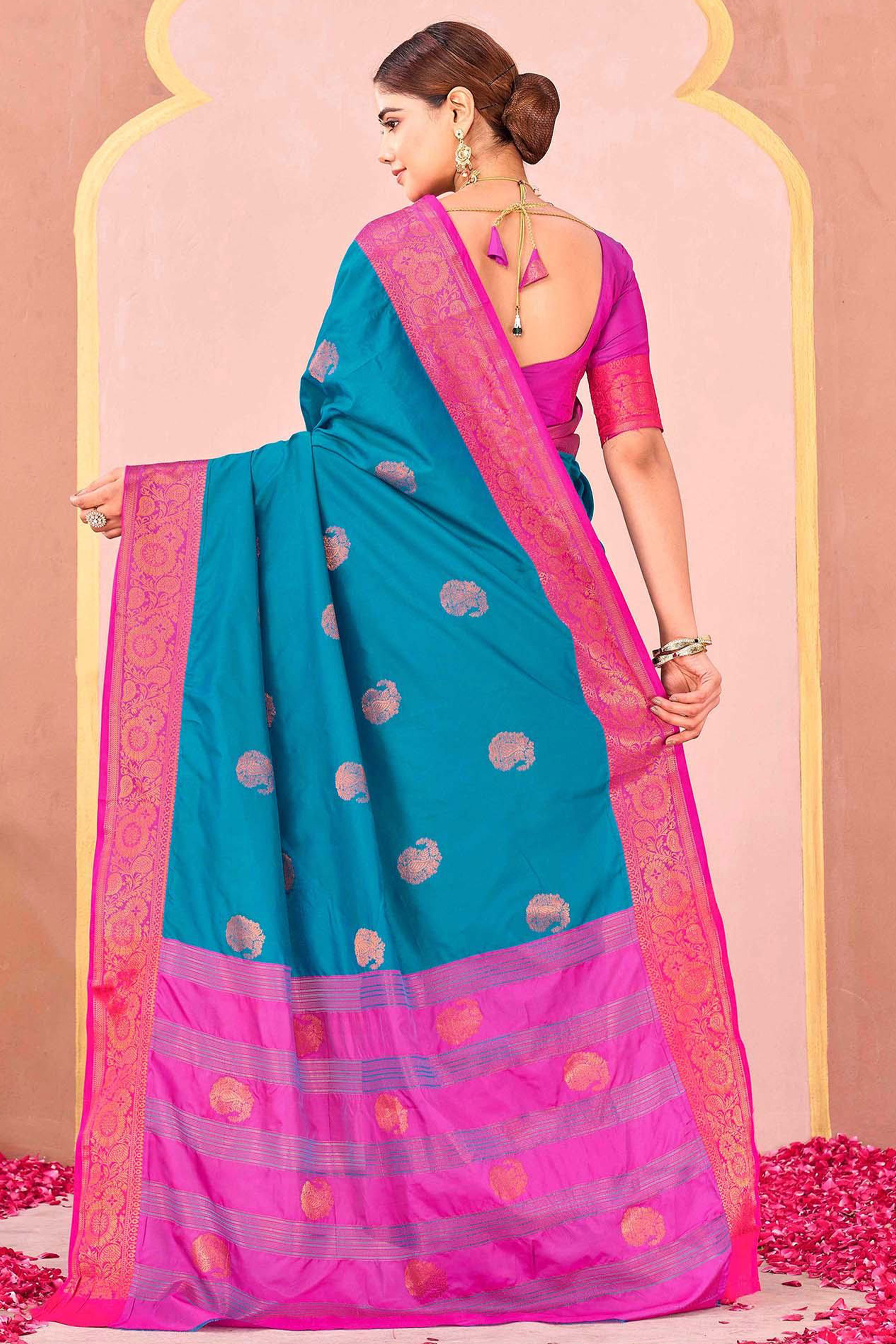 Blue Silk Blend Saree Adorned With Zari Woven Floral & Paisley Design