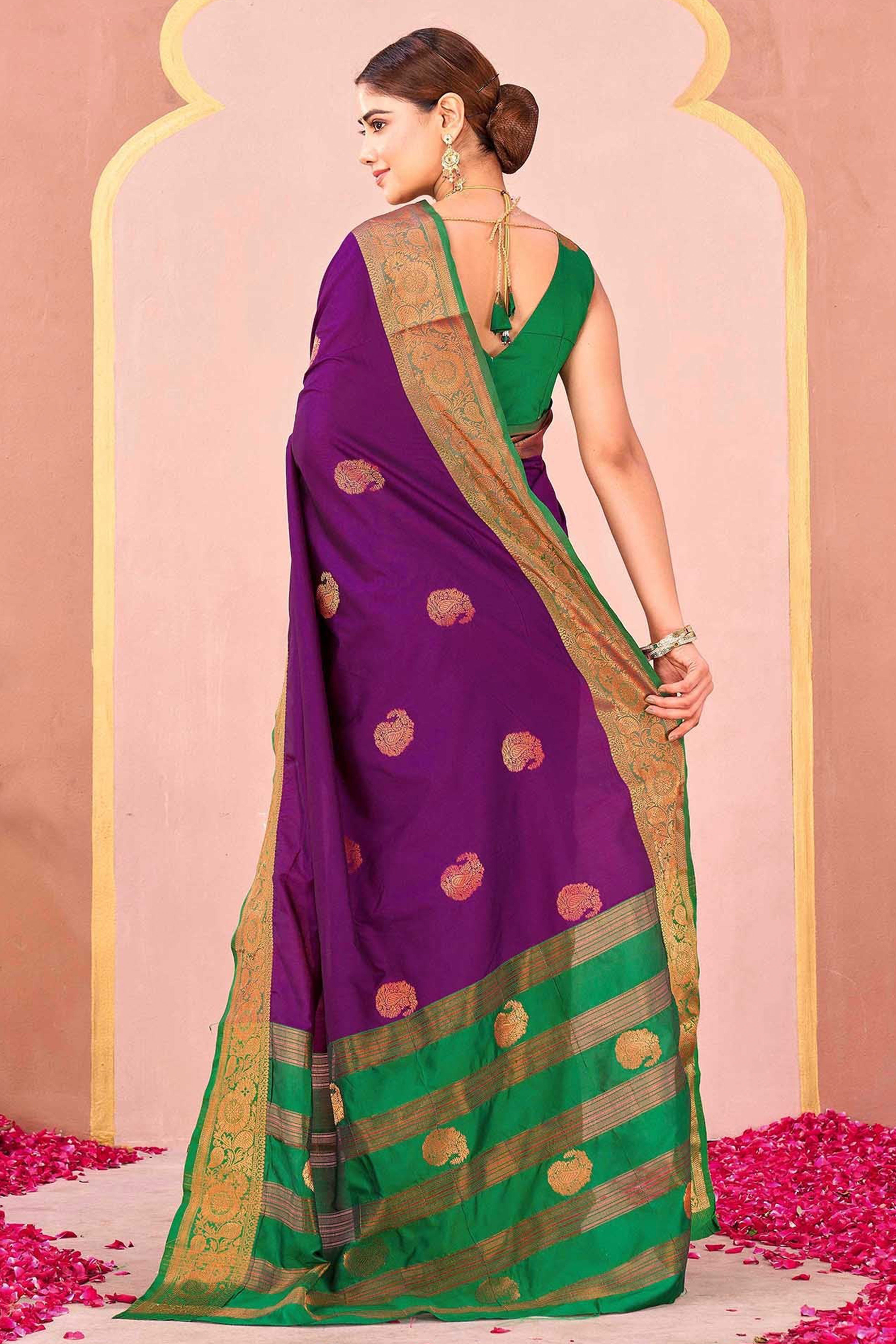Purple Silk Blend Saree Adorned With Zari Woven Floral & Paisley Design