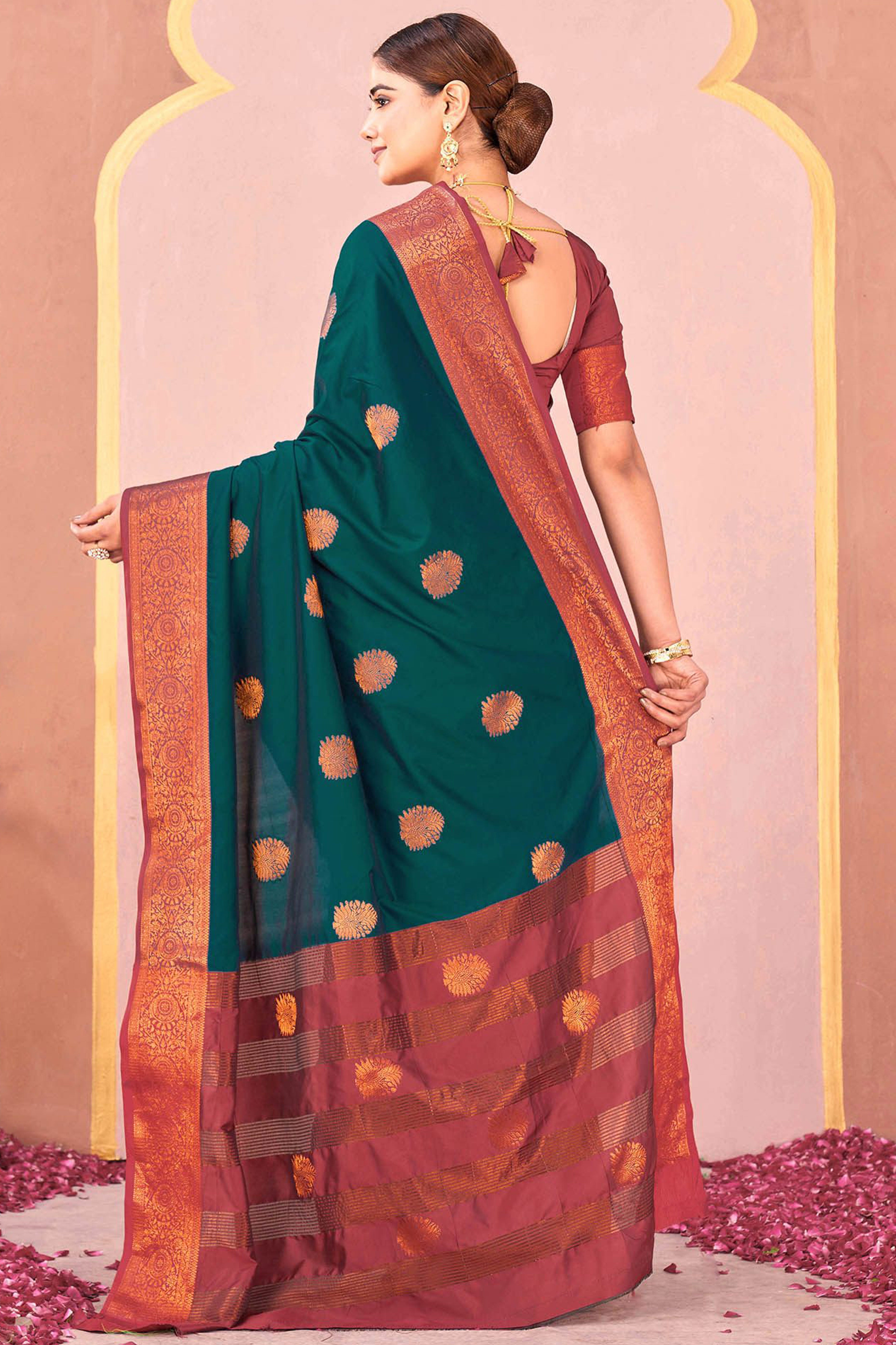 Rama Green Silk Blend Saree Adorned With Zari Woven Floral & Paisley Design