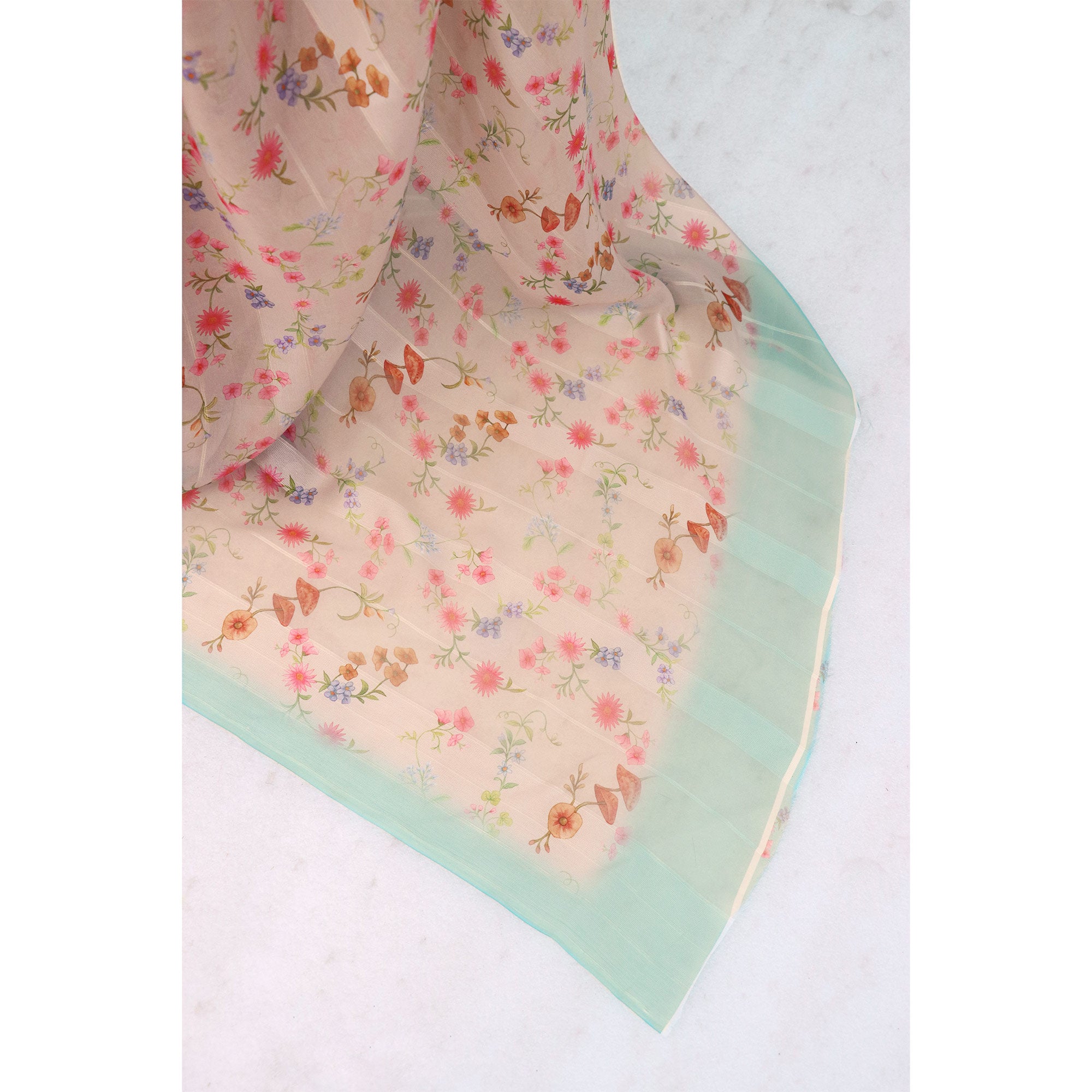 Beige Bloom Floral Digital Printed Georgette Saree Accentuated With Graceful Zari Stripes