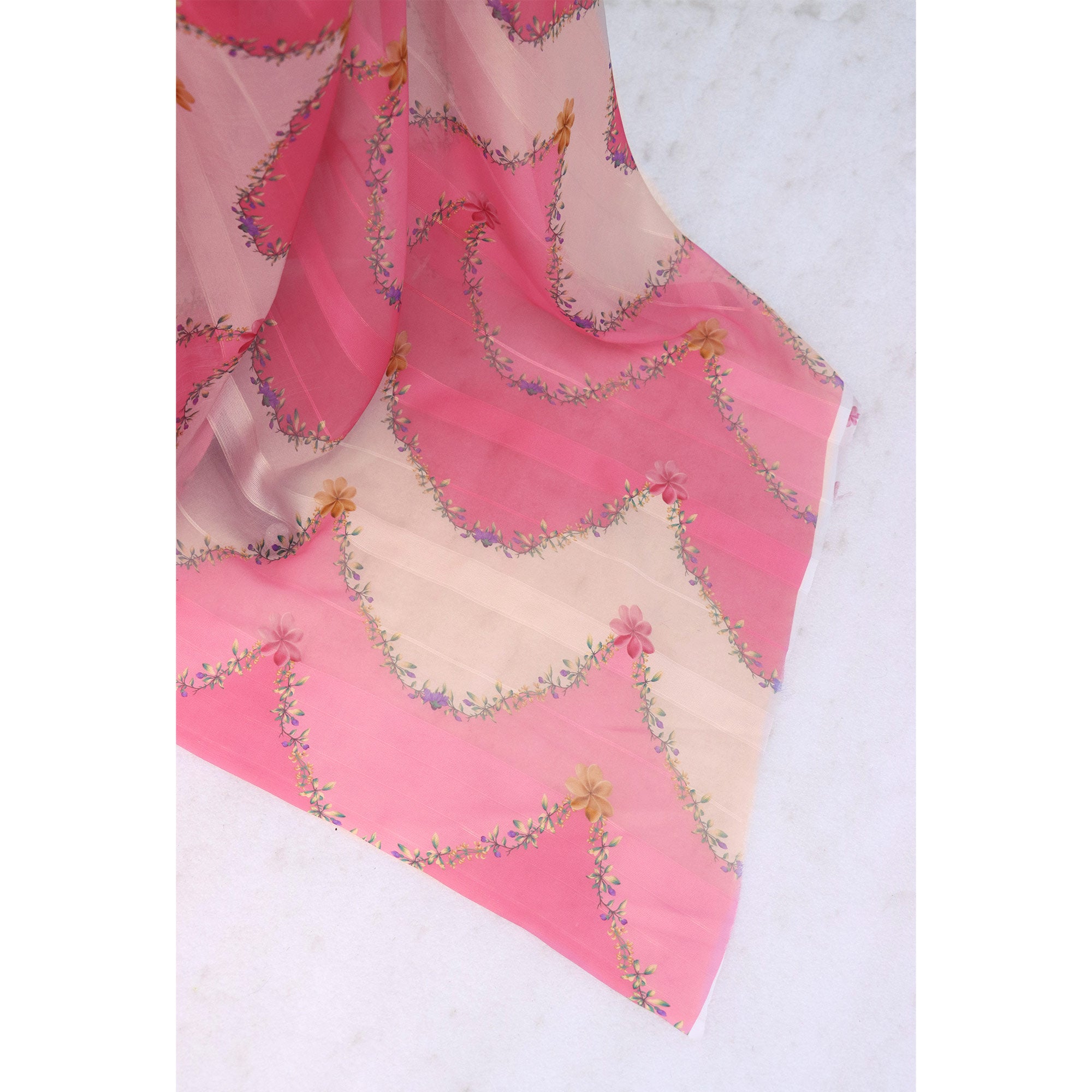 Pink Bloom Floral Digital Printed Georgette Saree Accentuated With Graceful Zari Stripes