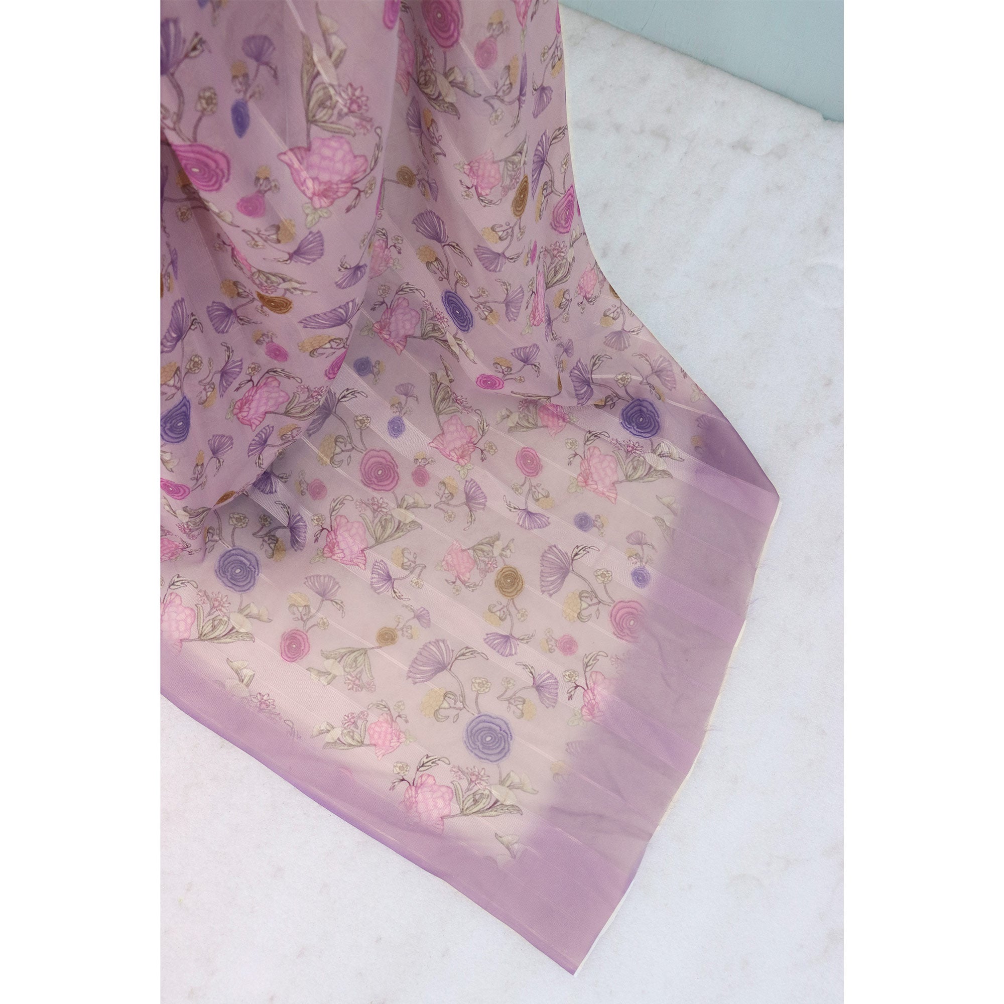 Purple Bloom Floral Digital Printed Georgette Saree Accentuated With Graceful Zari Stripes