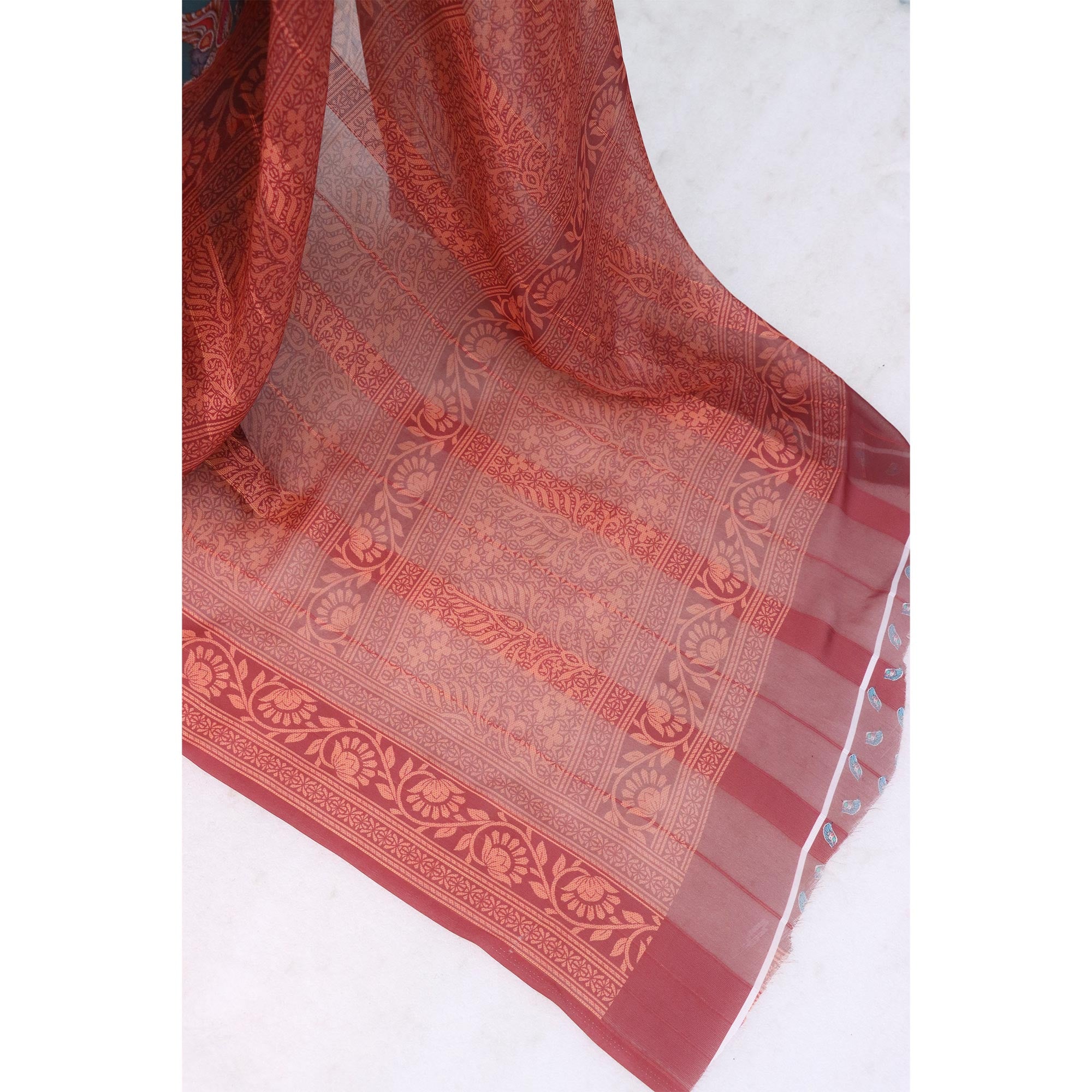 Elegant Rama Green & Maroon Floral Digital Printed Georgette Saree Adorned With Subtle Zari Stripes