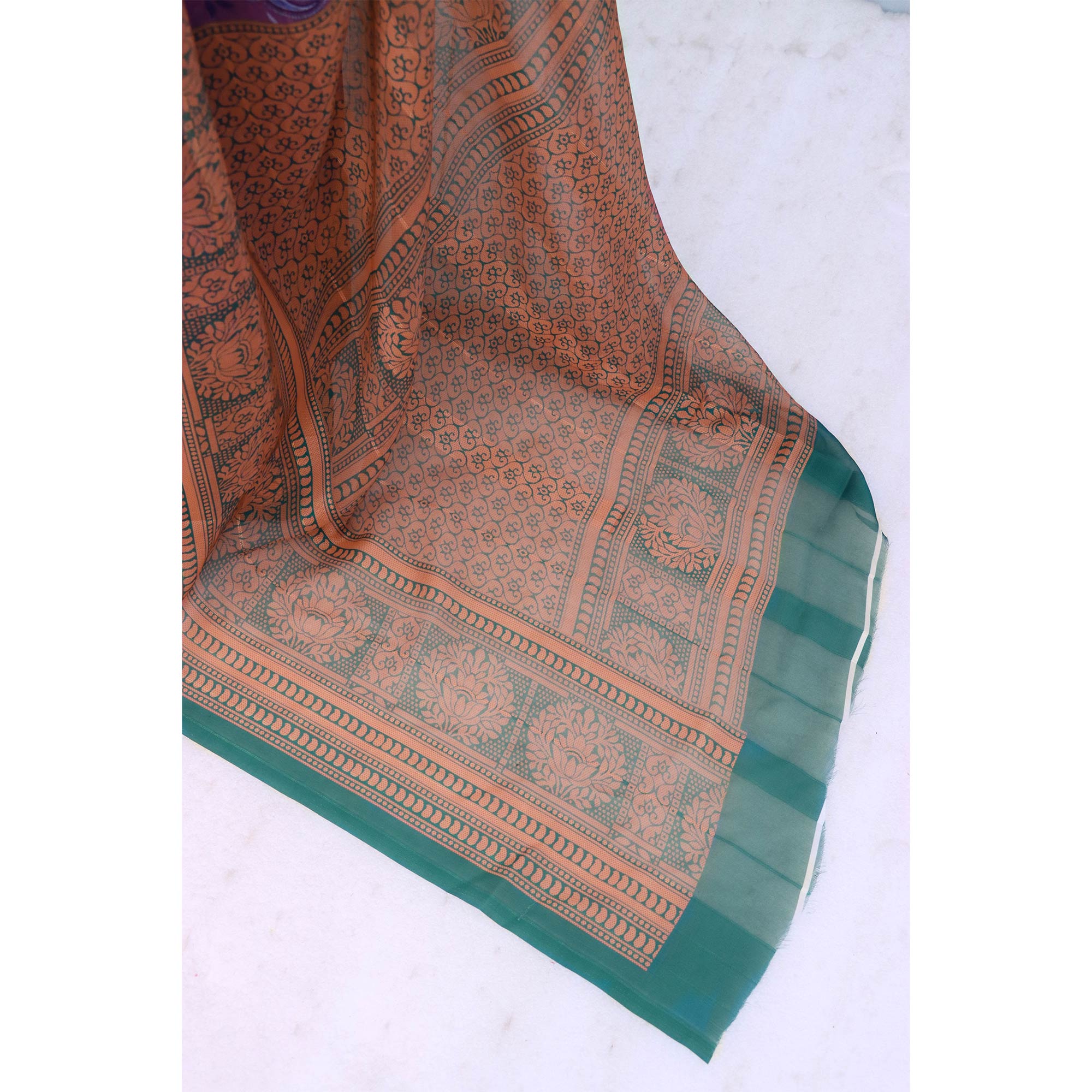 Elegant Violet & Green Floral Digital Printed Georgette Saree Adorned With Subtle Zari Stripes