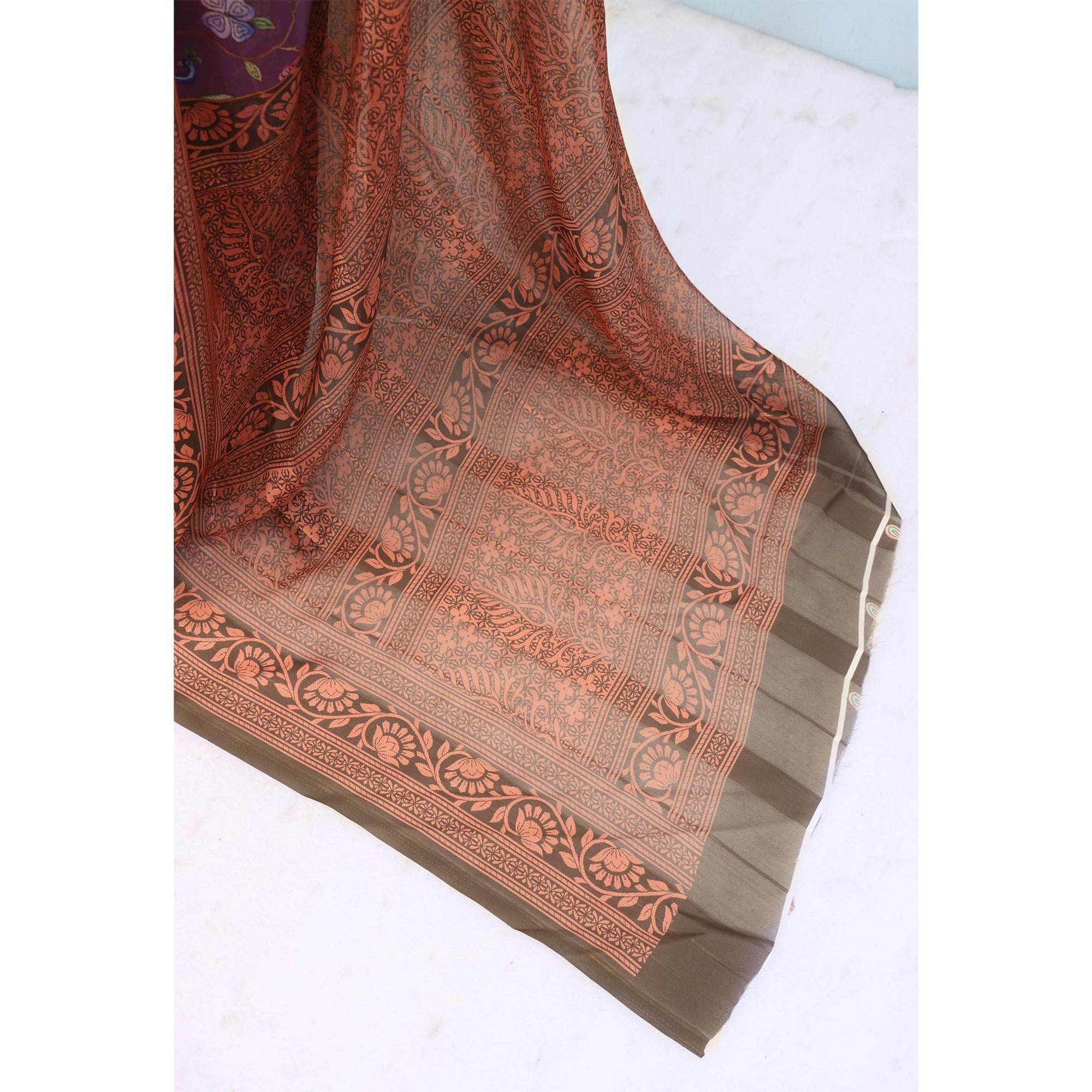 Elegant Wine & Brown Floral Digital Printed Georgette Saree Adorned With Subtle Zari Stripes