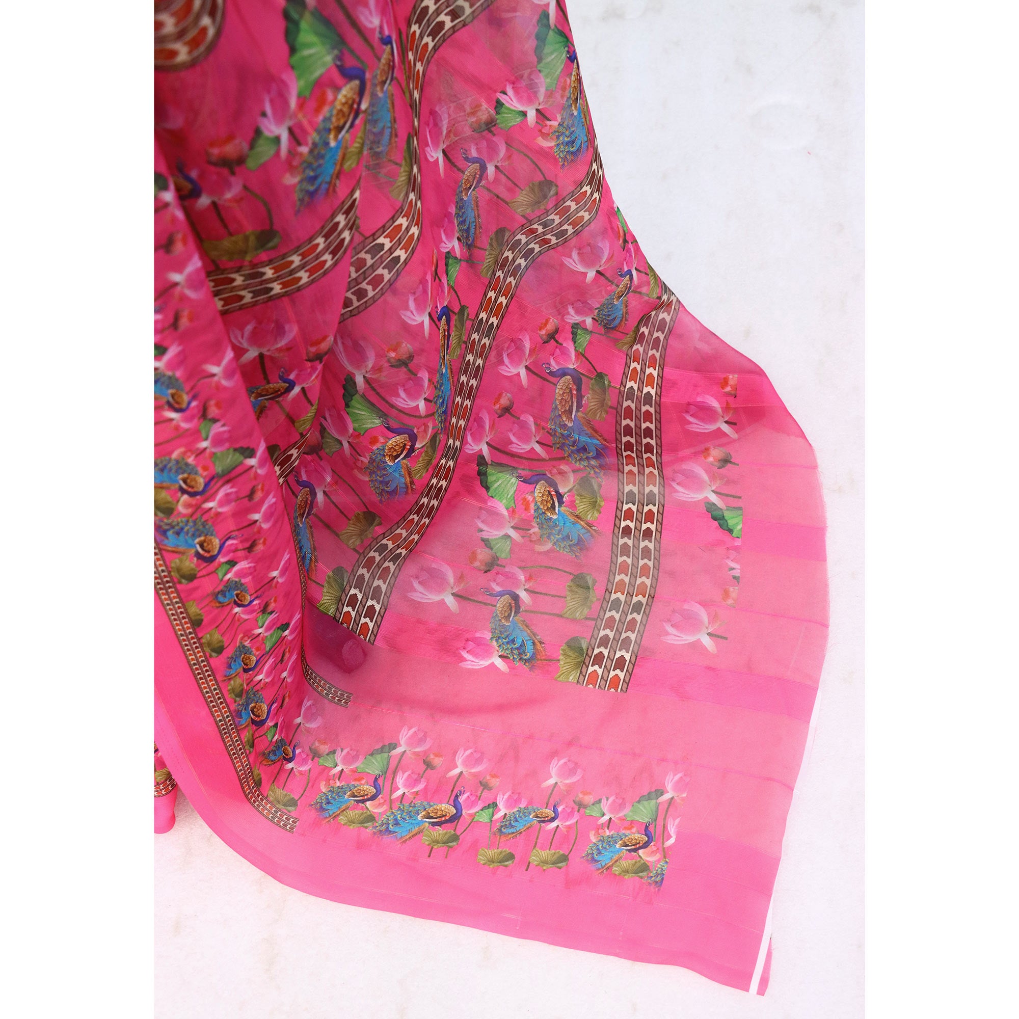 Charming Pink & Yellow Floral Digital Printed Georgette Saree Accentuated With Zari Stripes