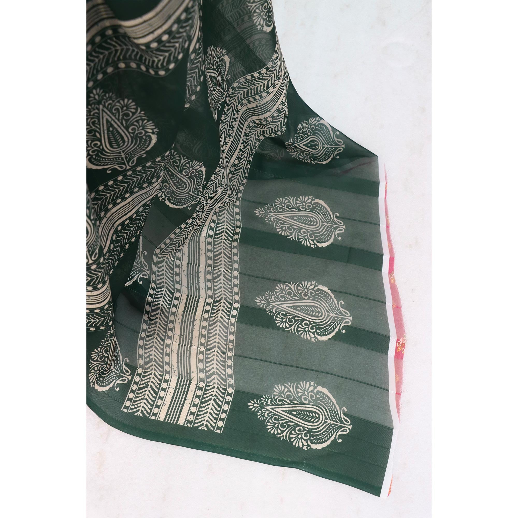 Charming Green Digital Tree Printed Georgette Saree Accentuated With Zari Stripes