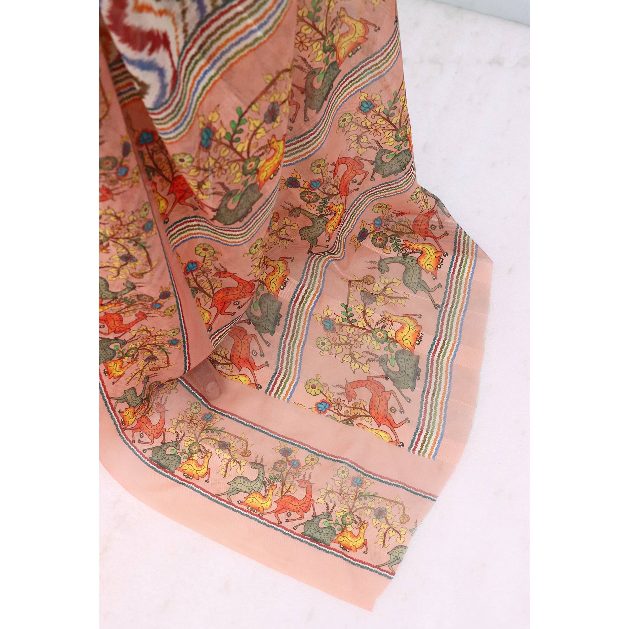 Charming Peach Zig Zag & Floral Digital Printed Georgette Saree Accentuated With Zari Stripes