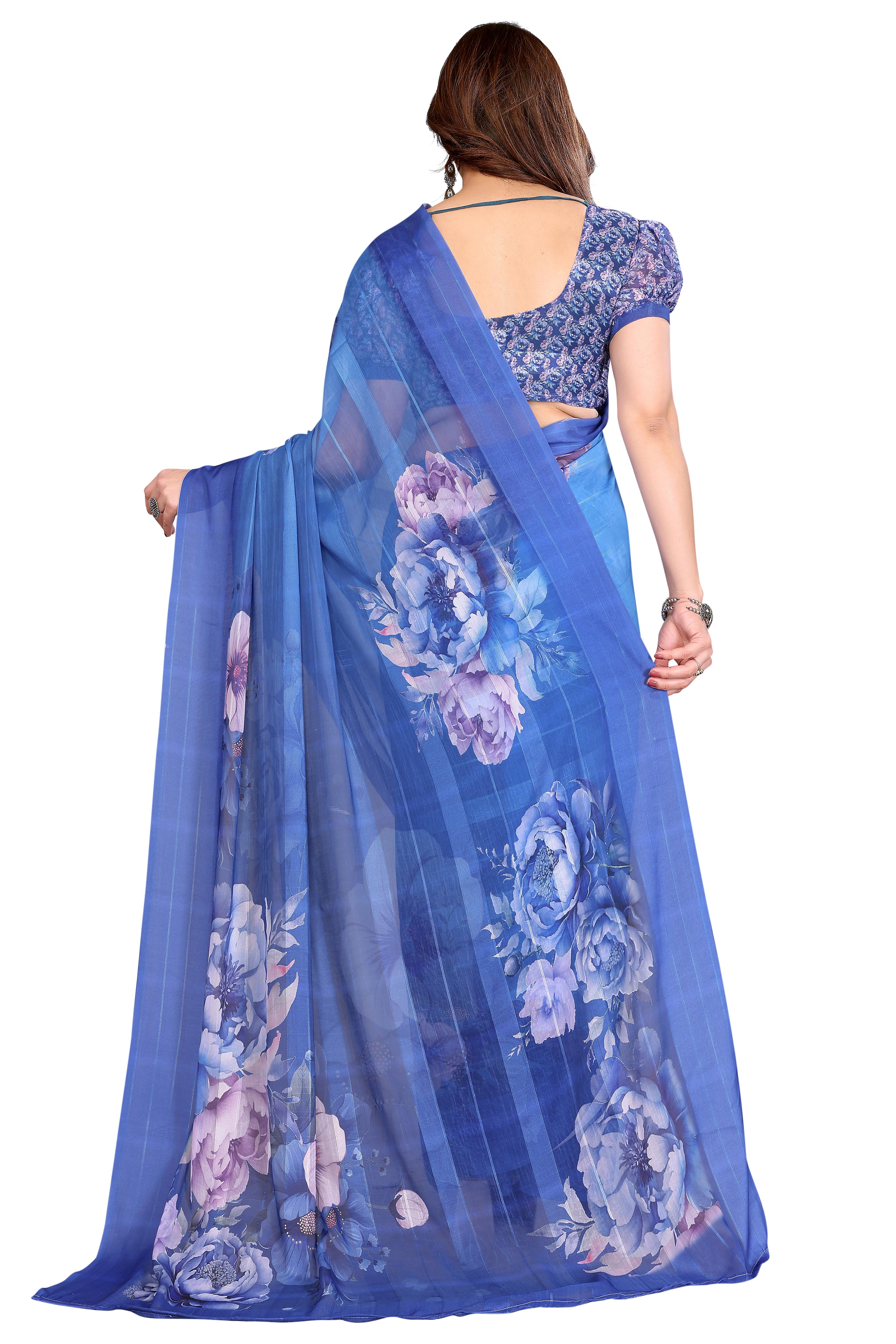 Graceful Blue Floral Digital Print Georgette Saree Featuring Zari Work & Vibrant Striped