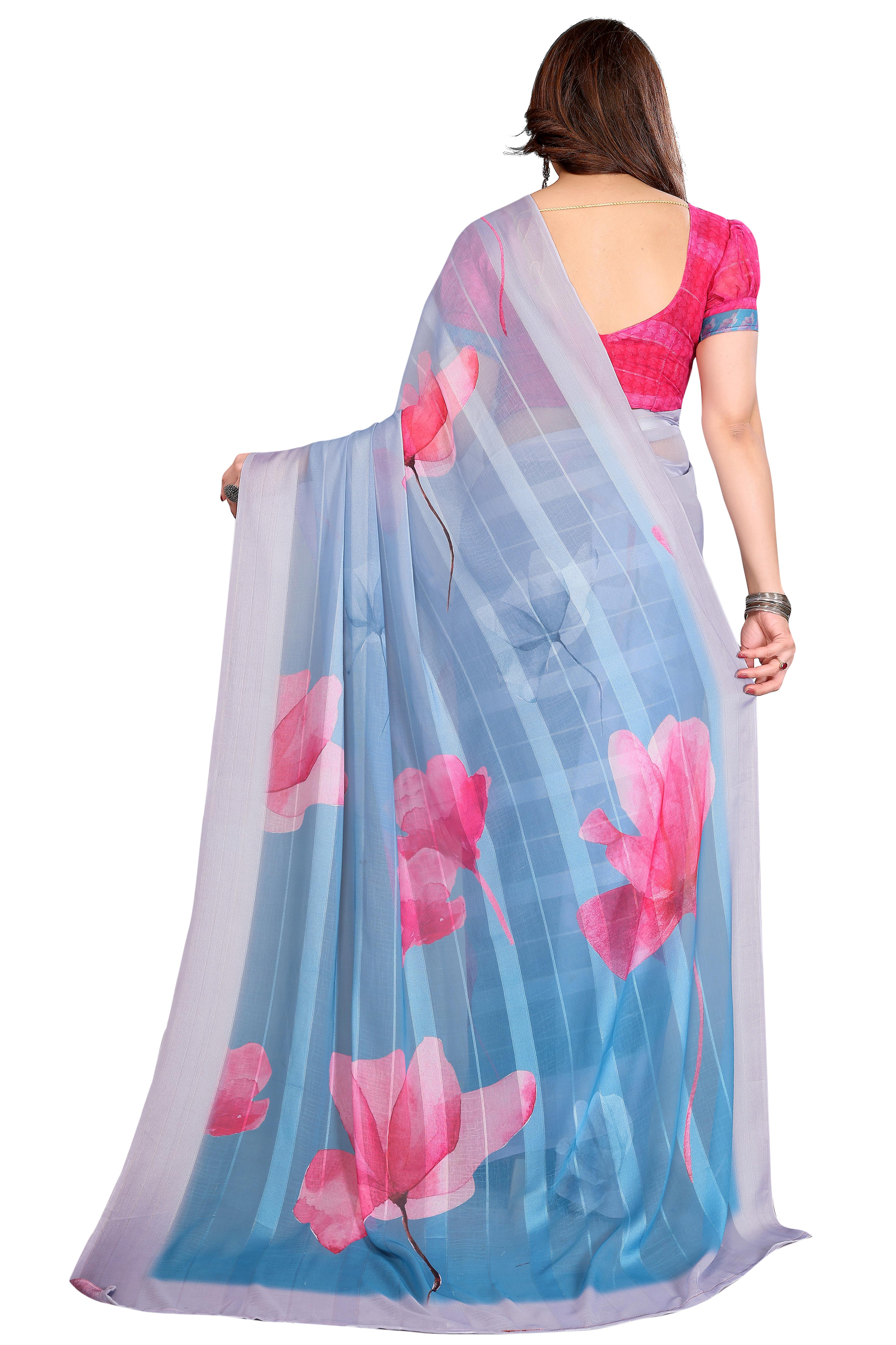 Graceful Grey Floral Digital Print Georgette Saree Featuring Zari Work & Vibrant Striped