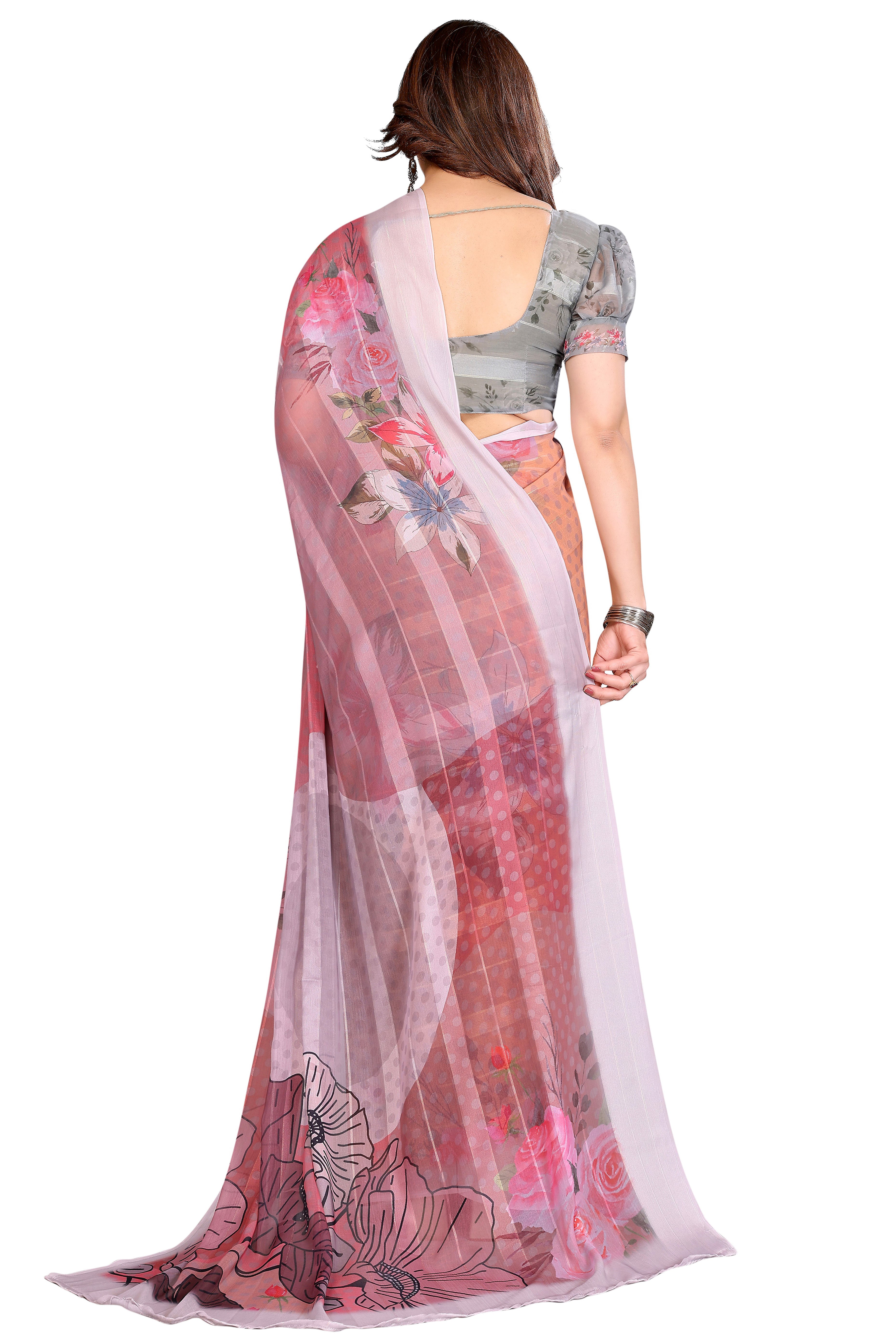Graceful Dusty Peach Floral Digital Print Georgette Saree Featuring Zari Work & Vibrant Striped