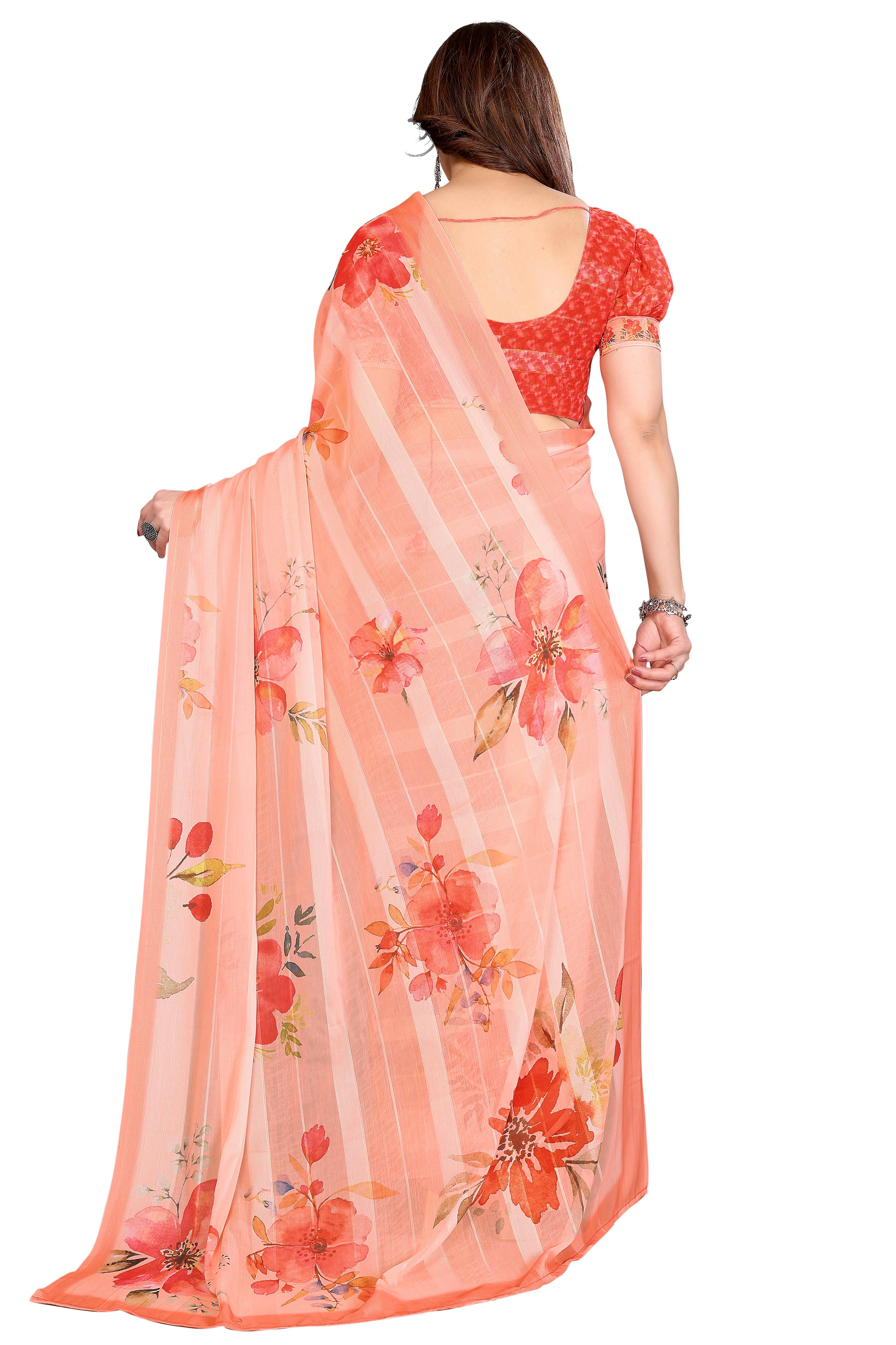 Graceful Peach Floral Digital Print Georgette Saree Featuring Zari Work & Vibrant Striped