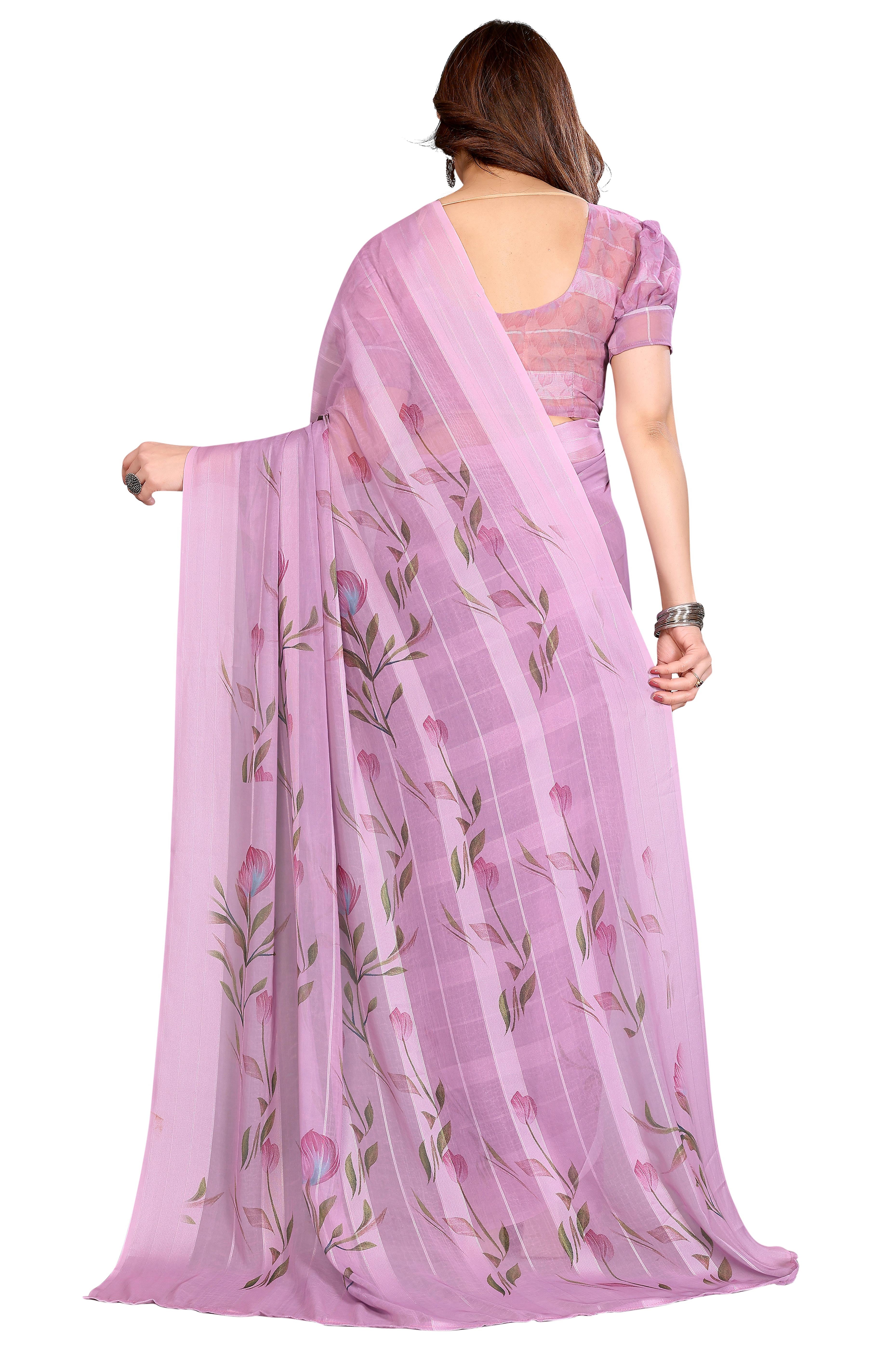 Graceful Light Purple Floral Digital Print Georgette Saree Featuring Zari Work & Vibrant Striped