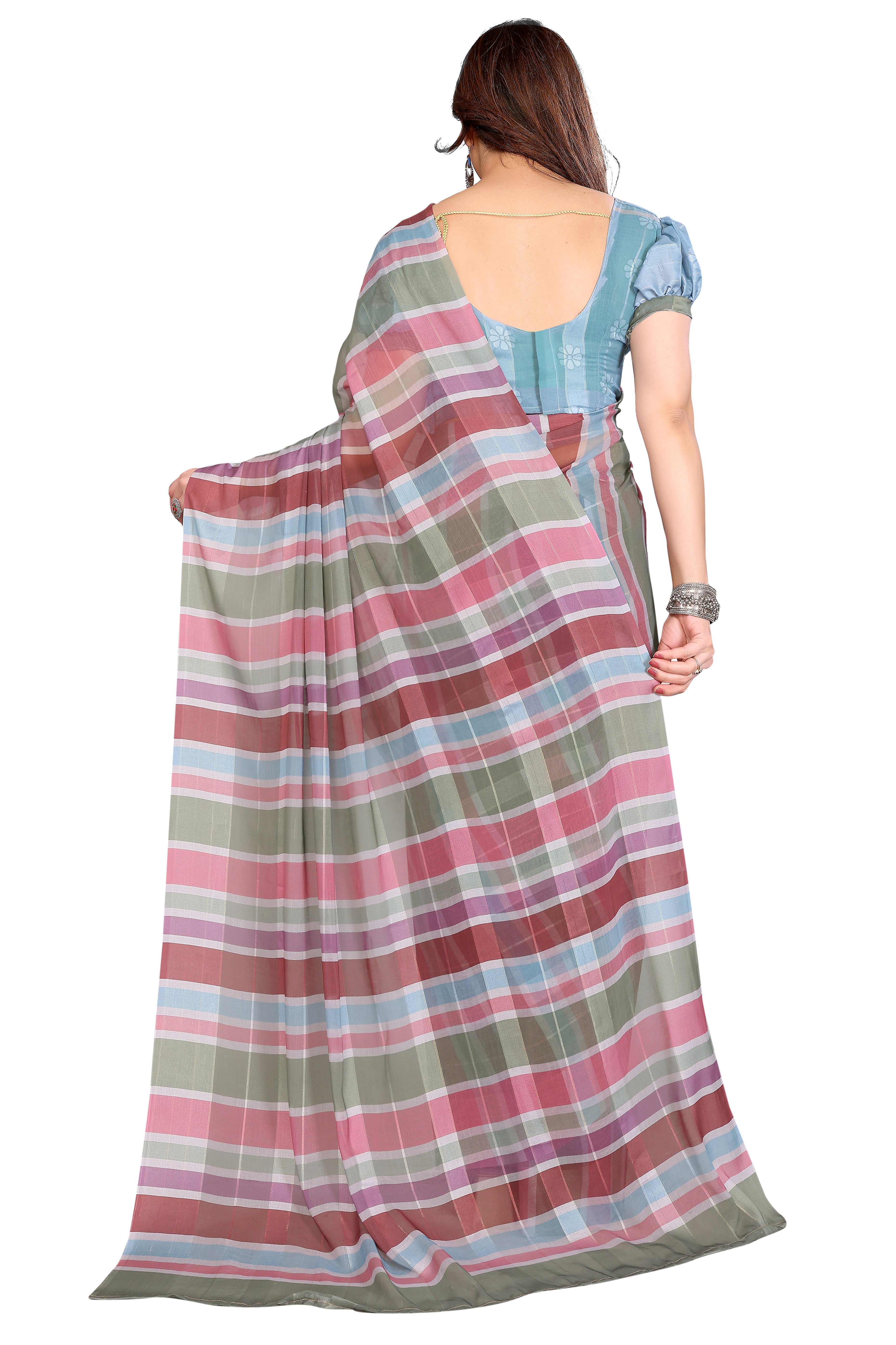 Graceful Multicolor Digital Print Georgette Saree Featuring Zari Work & Vibrant Striped