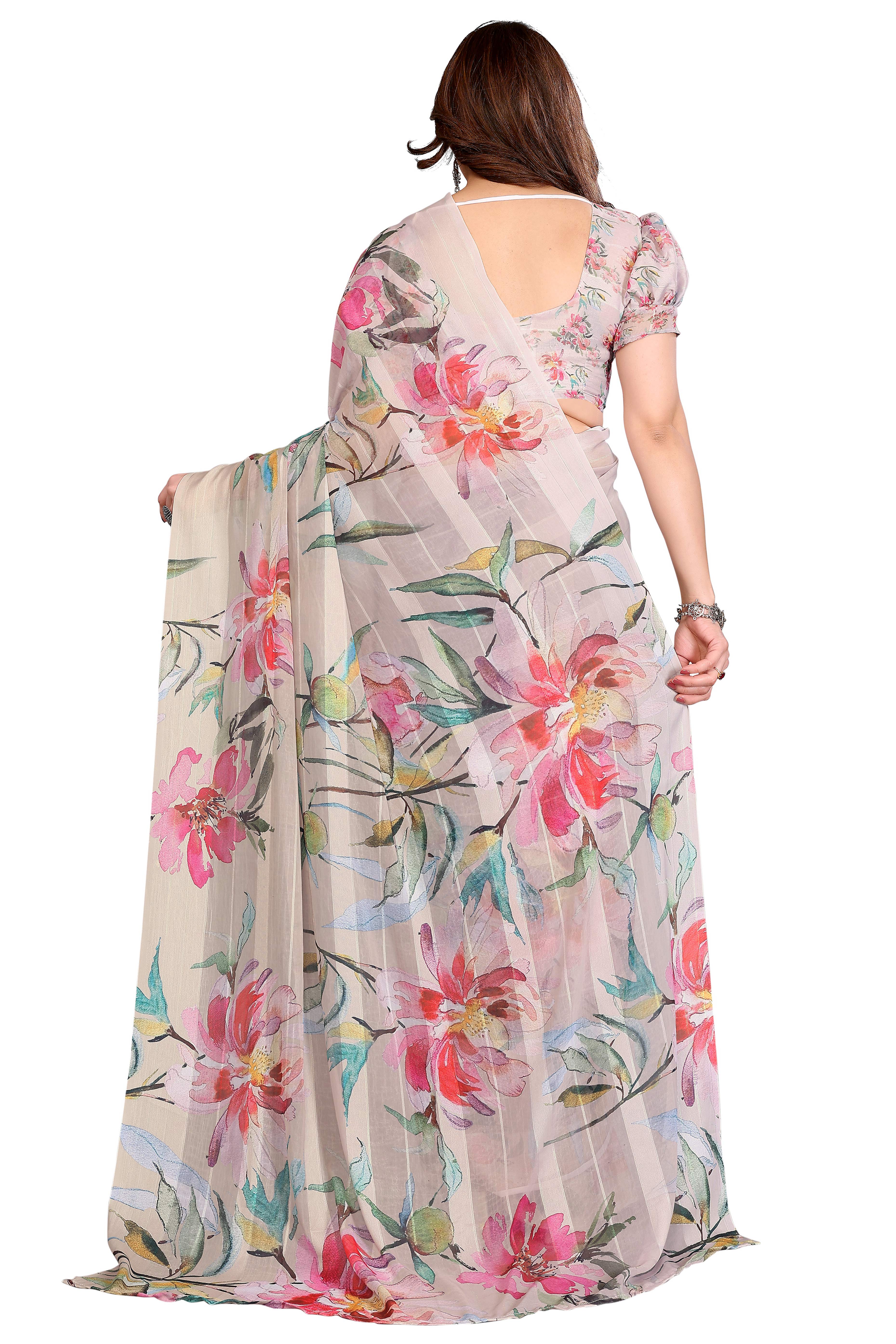 Sophisticated Beige Floral Digital Print Georgettte Saree With Zari Touch & Striped Design