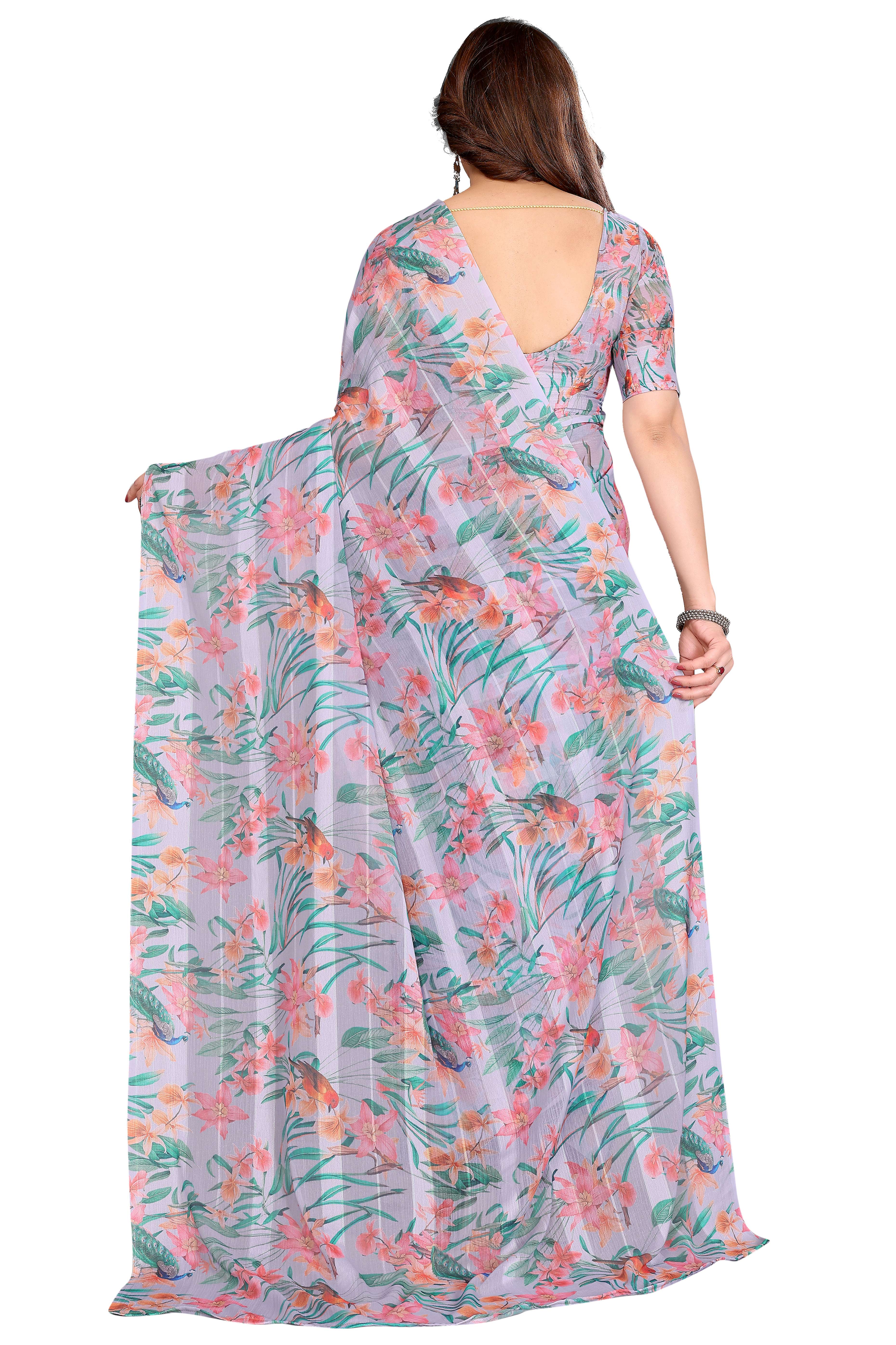 Sophisticated Grey Floral Digital Print Georgettte Saree With Zari Touch & Striped Design