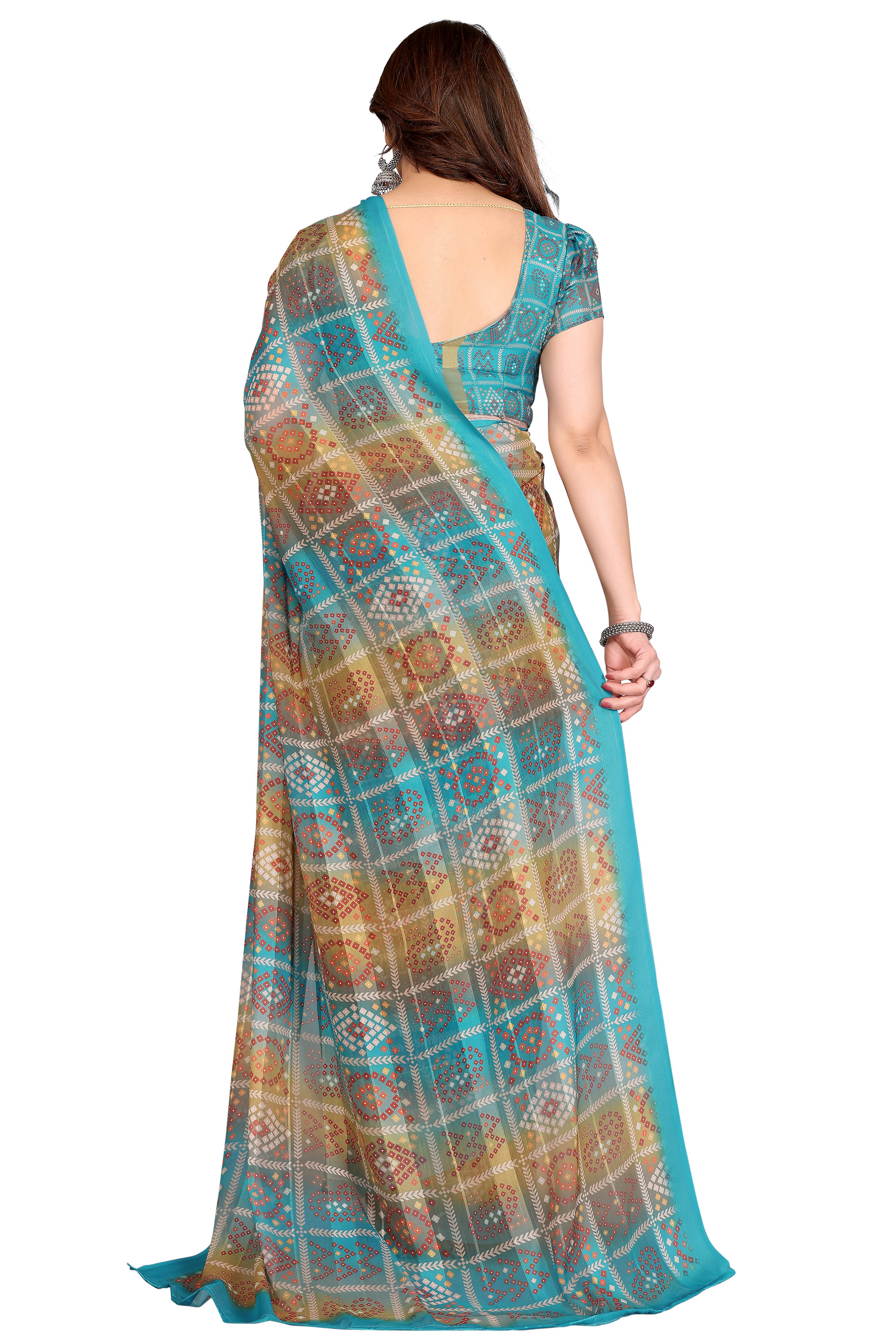 Sophisticated Rama Blue Bandhani Digital Print Georgettte Saree With Zari Touch & Striped Design