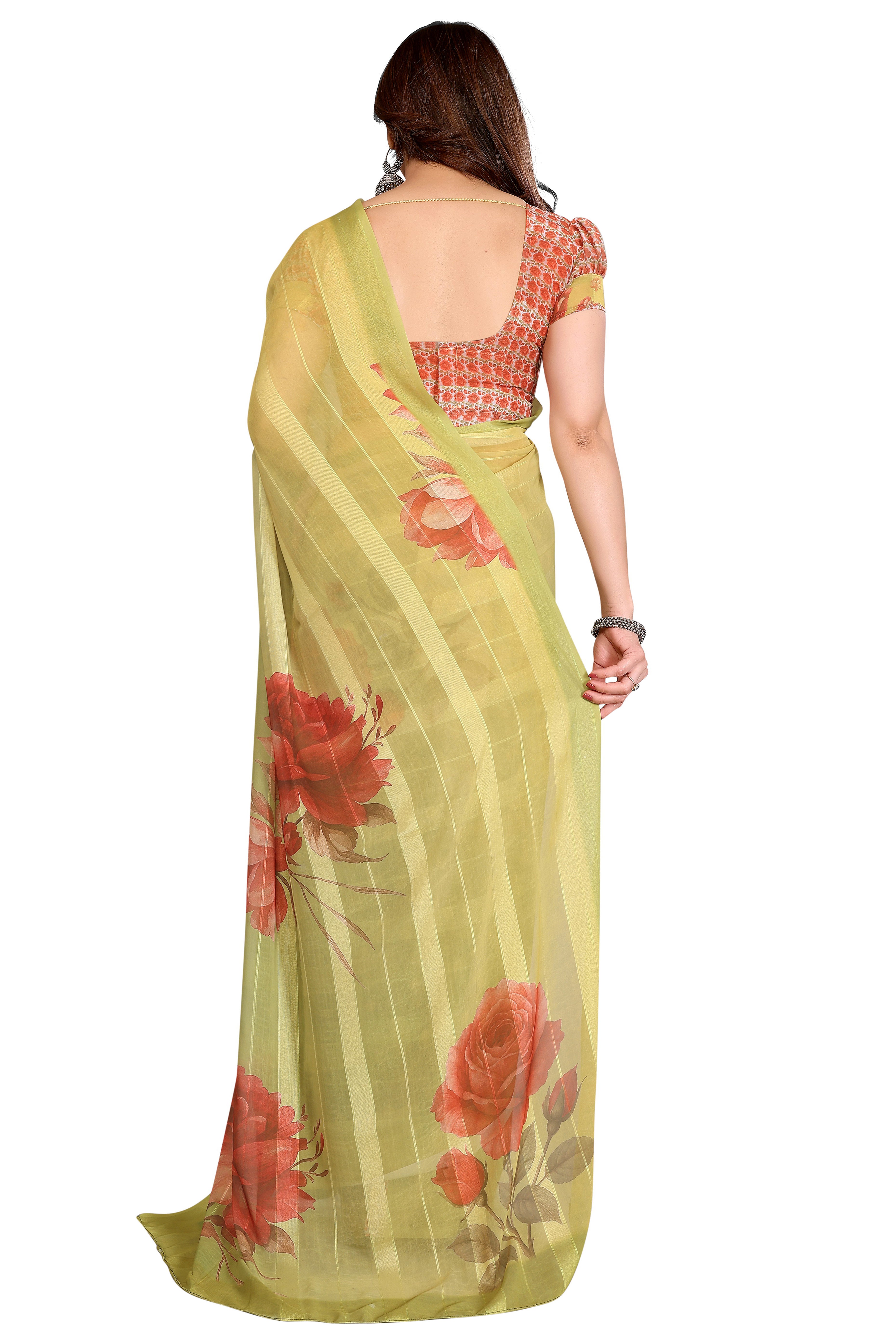 Sophisticated Green Floral Digital Print Georgettte Saree With Zari Touch & Striped Design