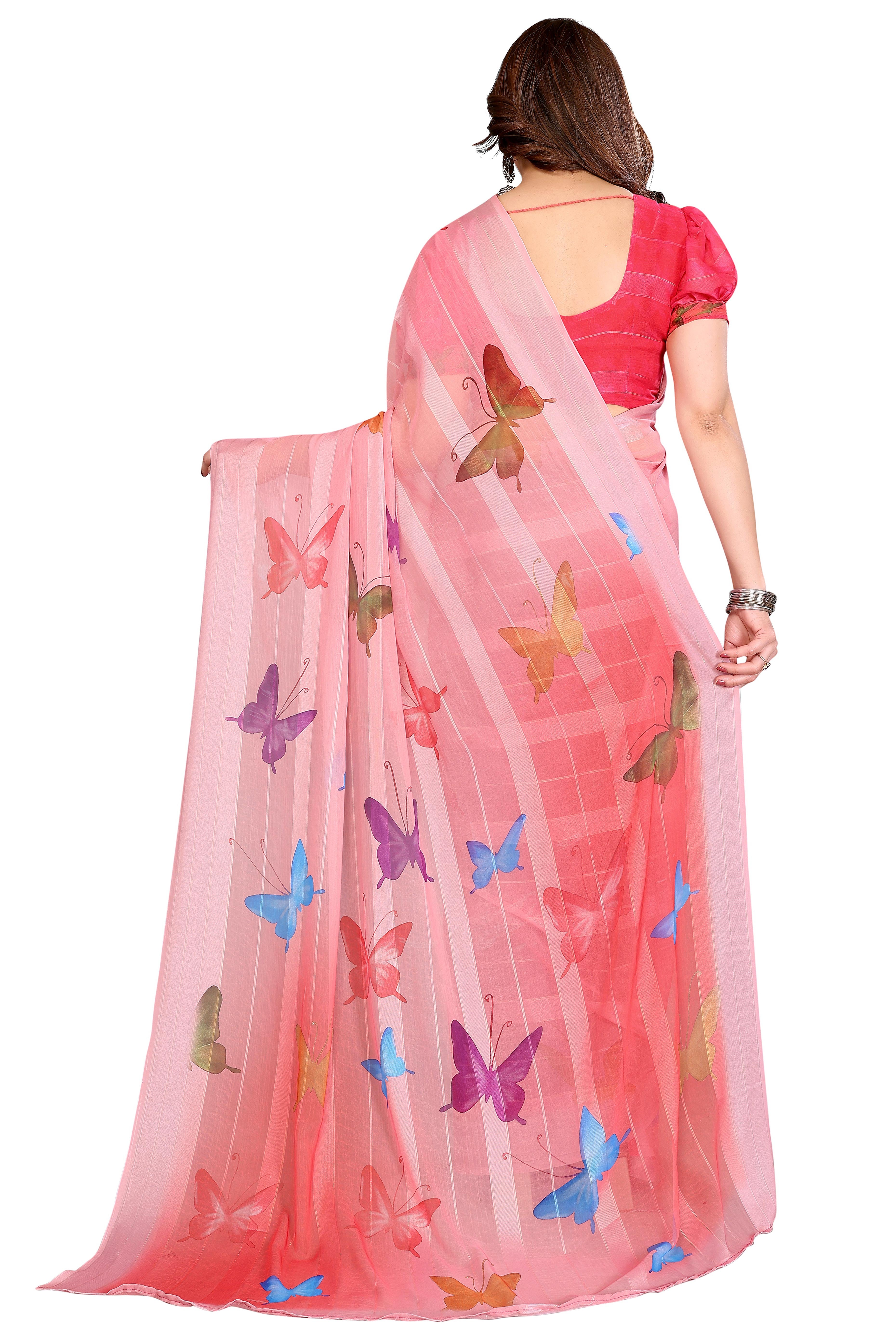 Sophisticated Pink Digital Print Georgettte Saree With Zari Touch & Striped Design
