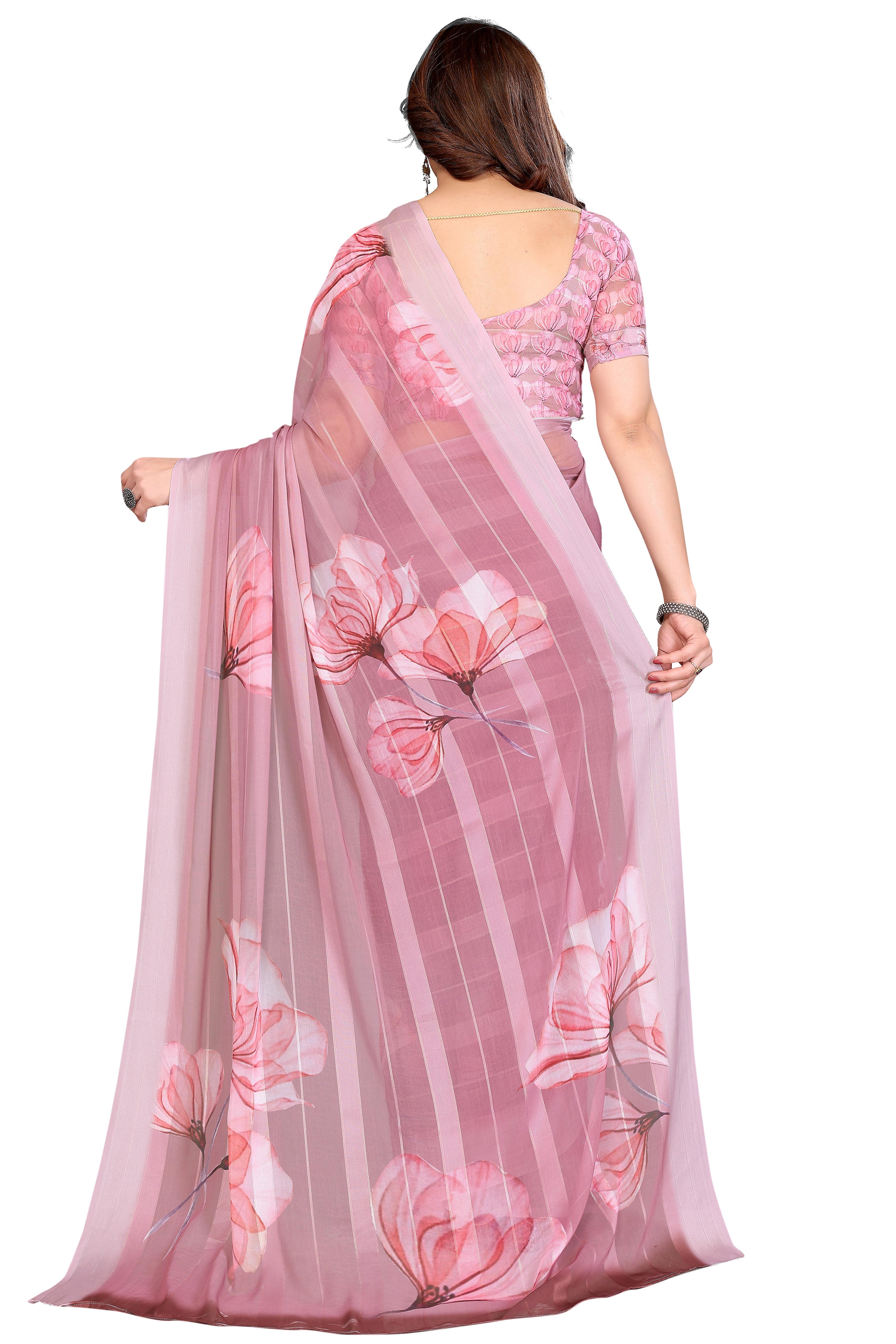 Sophisticated Light Mauve Floral Digital Print Georgettte Saree With Zari Touch & Striped Design
