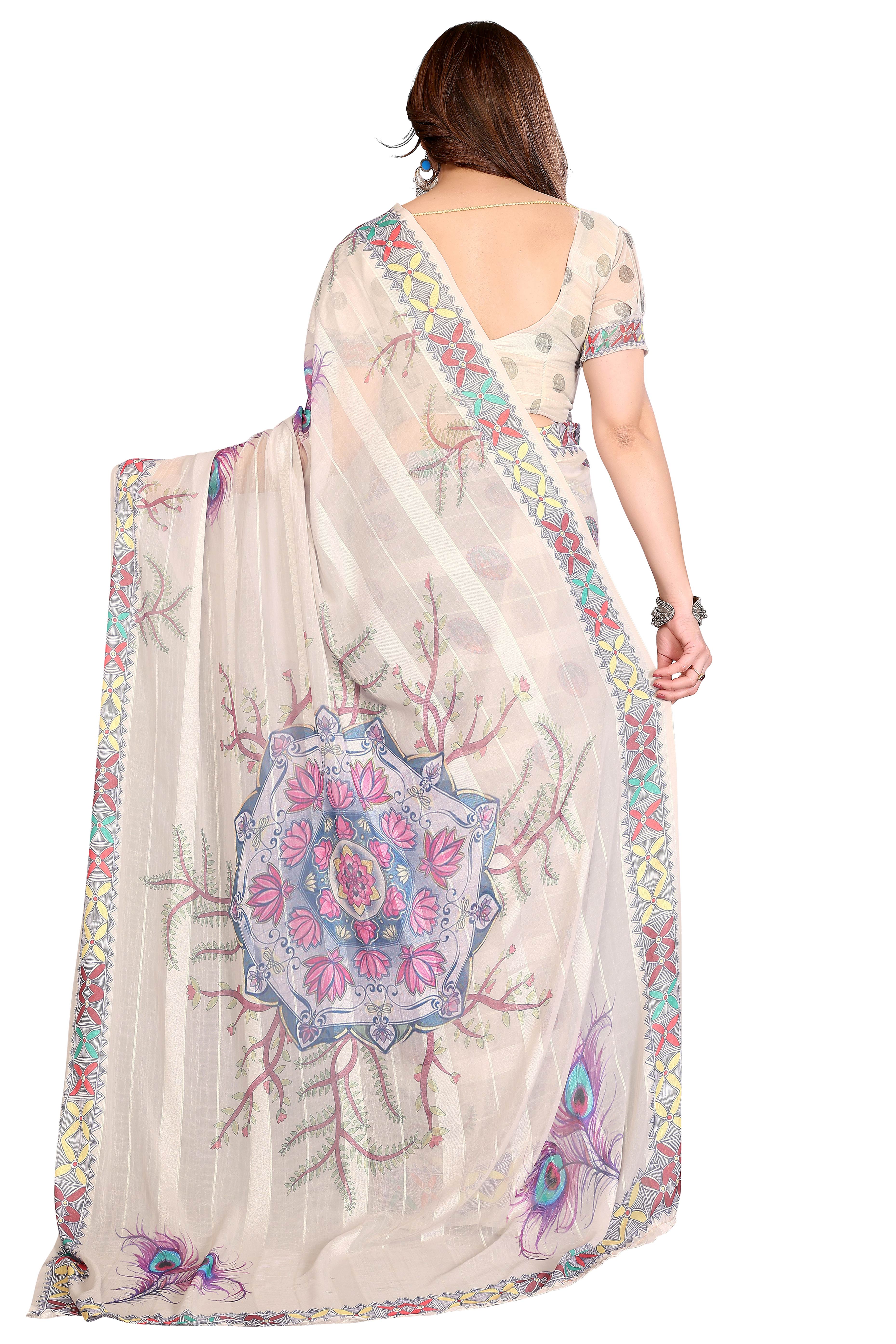 Classic Beige Floral Digital Print Georgette Saree With Refined Zari & Stylish Striped