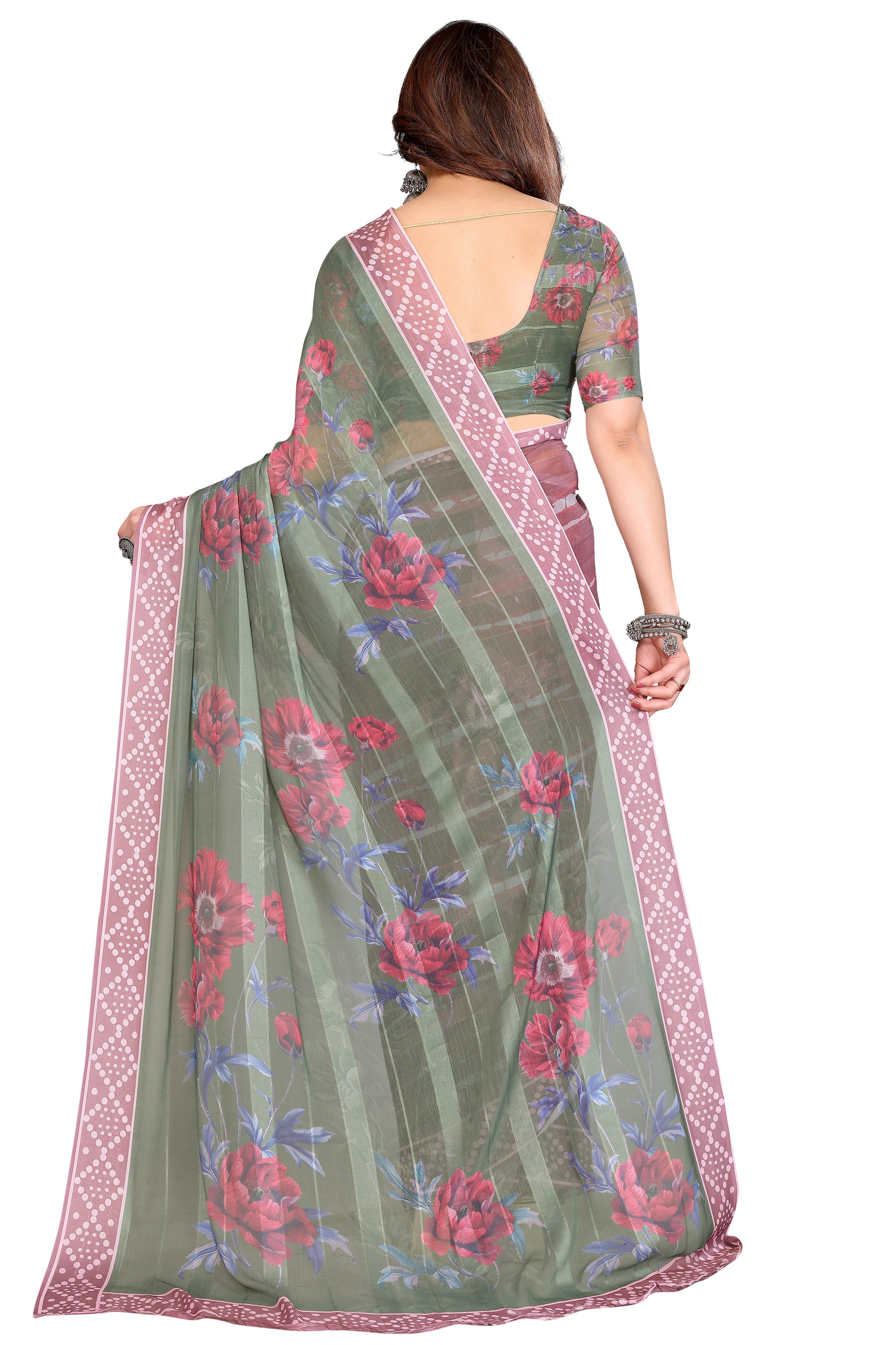 Classic Light Mauve Floral Digital Print Georgette Saree With Refined Zari & Stylish Striped