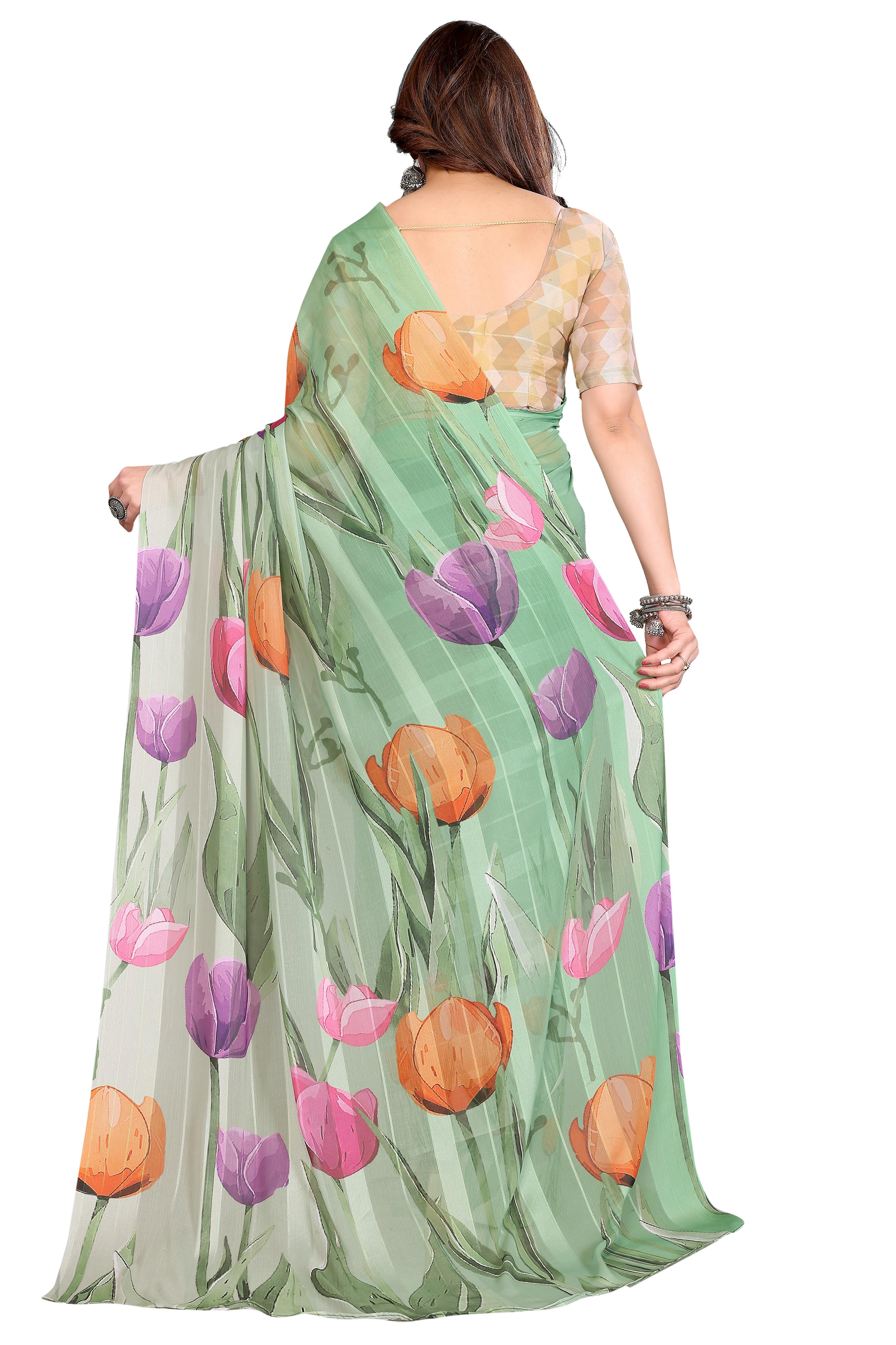 Classic Green Floral Digital Print Georgette Saree With Refined Zari & Stylish Striped