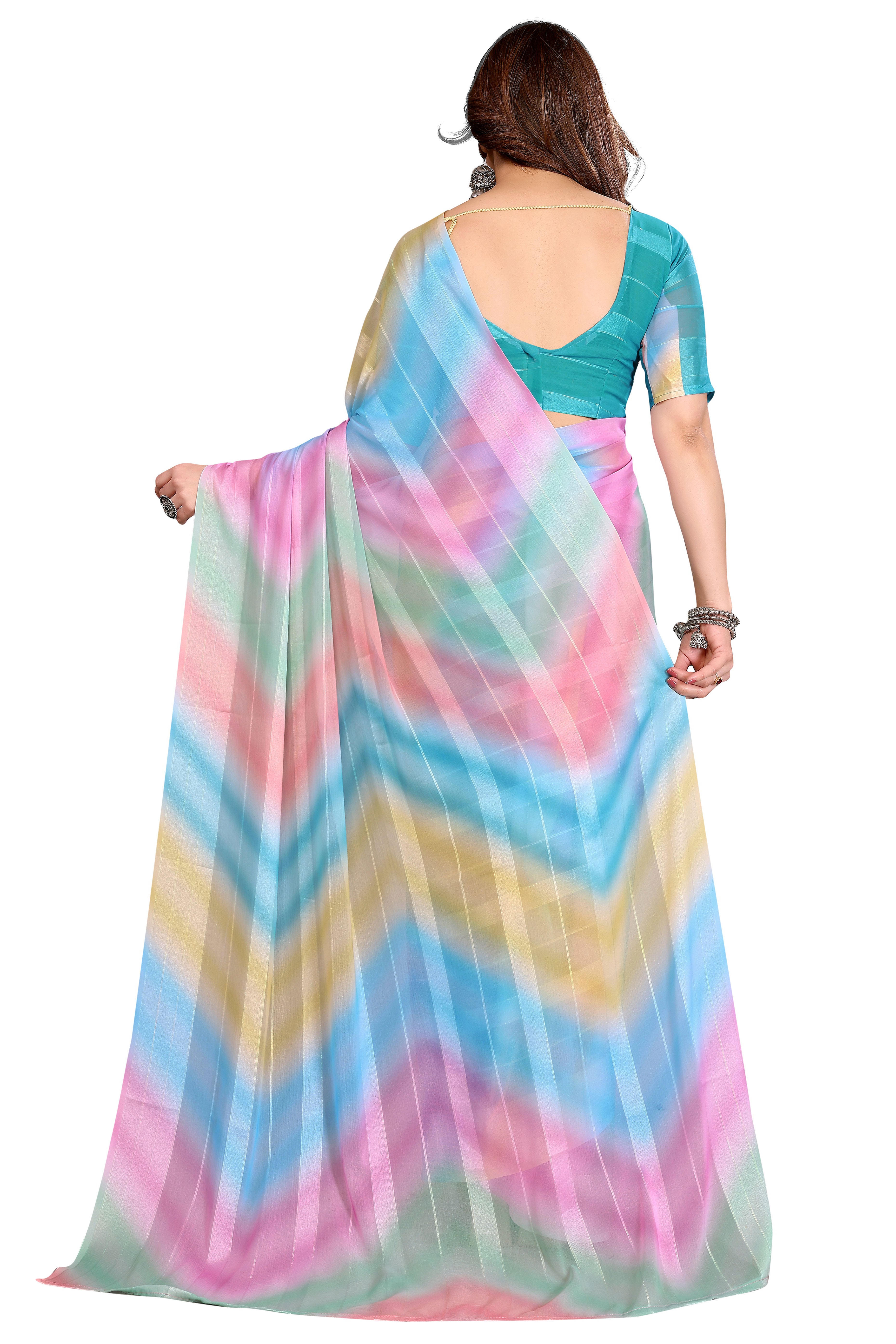 Classic Multicolor Ombre Digital Print Georgette Saree With Refined Zari & Stylish Striped