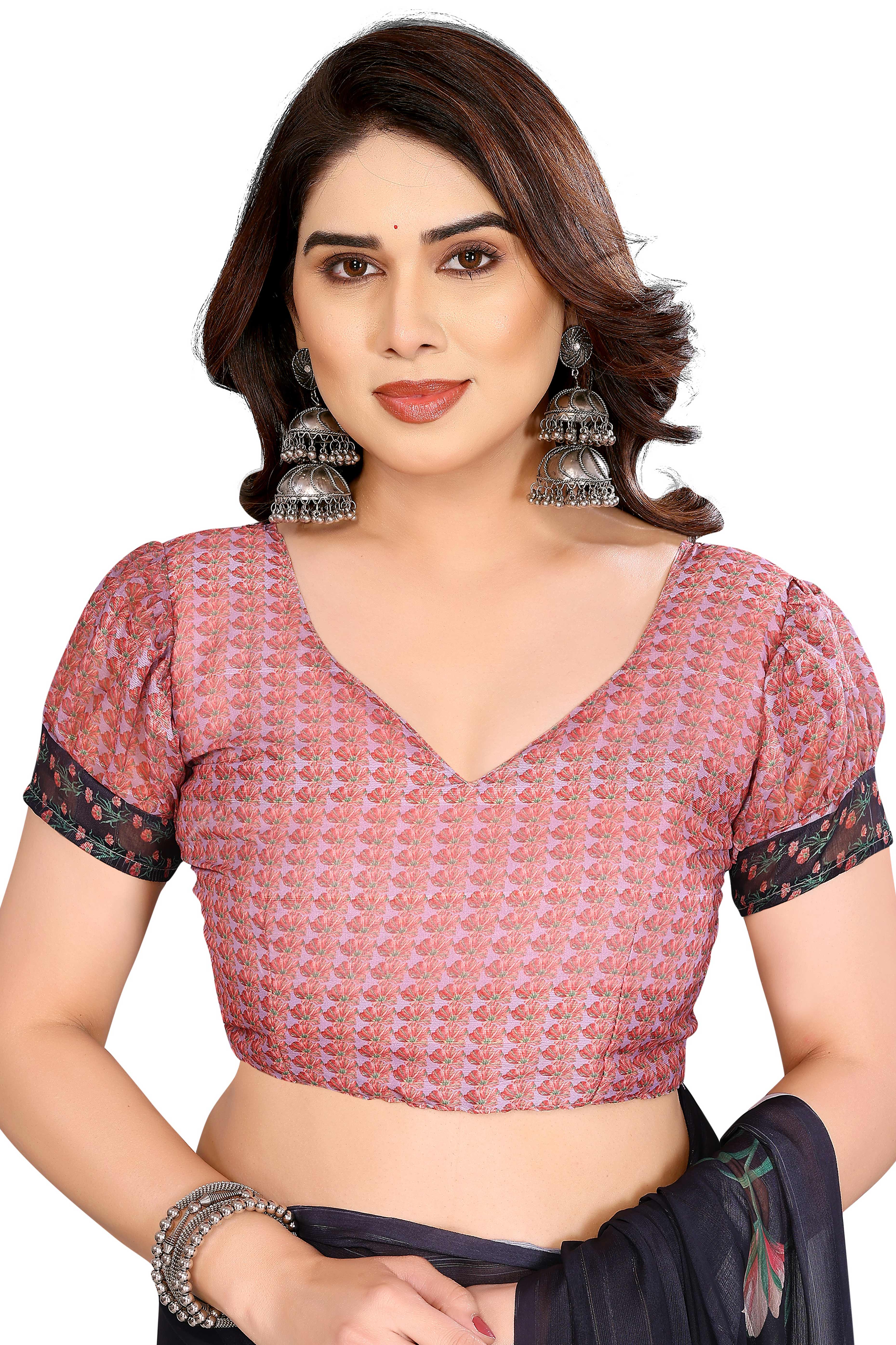 Premium Black Floral Digital Printed Georgette Saree Featuring Delicate Zari & Bright Striped