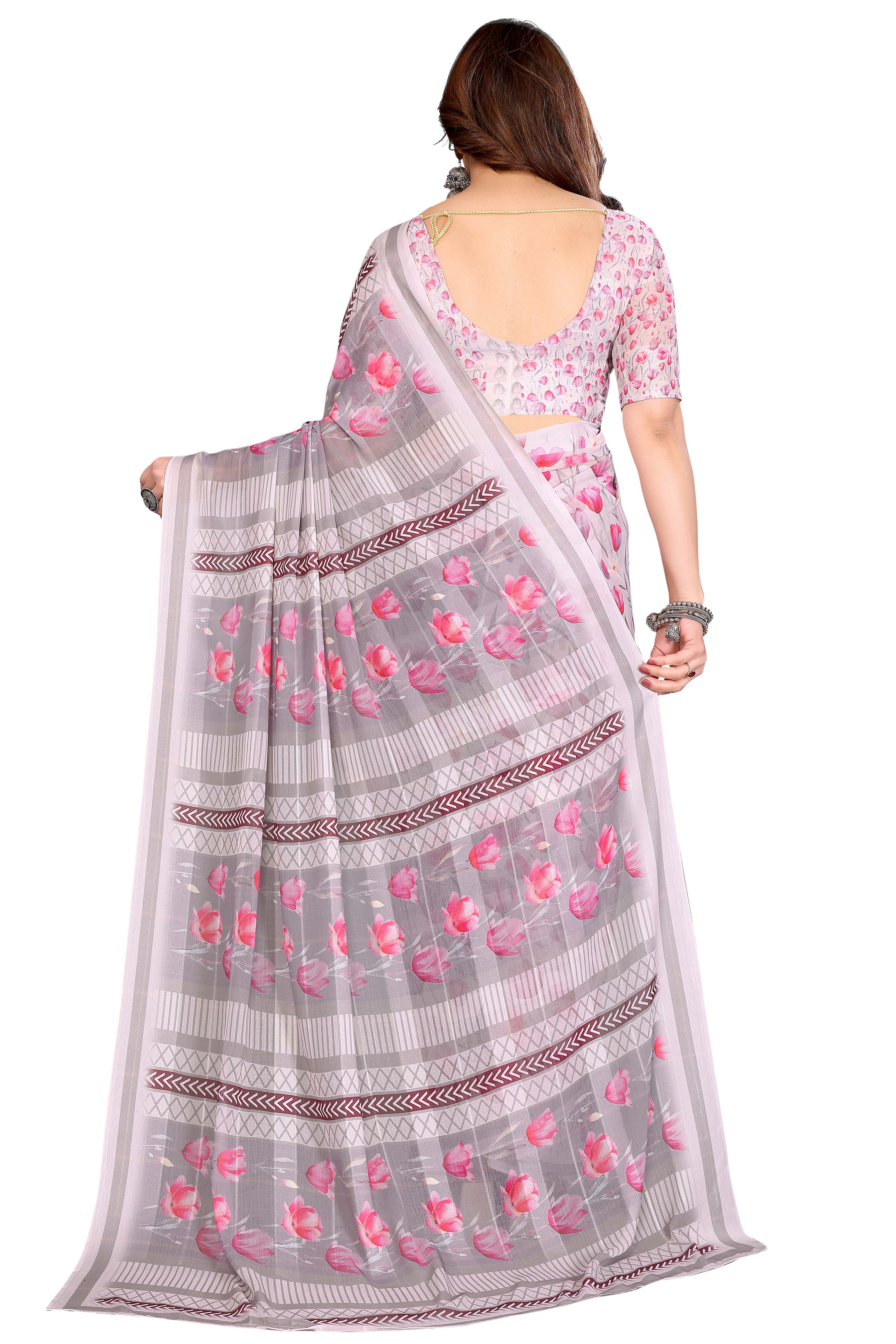 Premium Grey Floral Digital Printed Georgette Saree Featuring Delicate Zari & Bright Striped