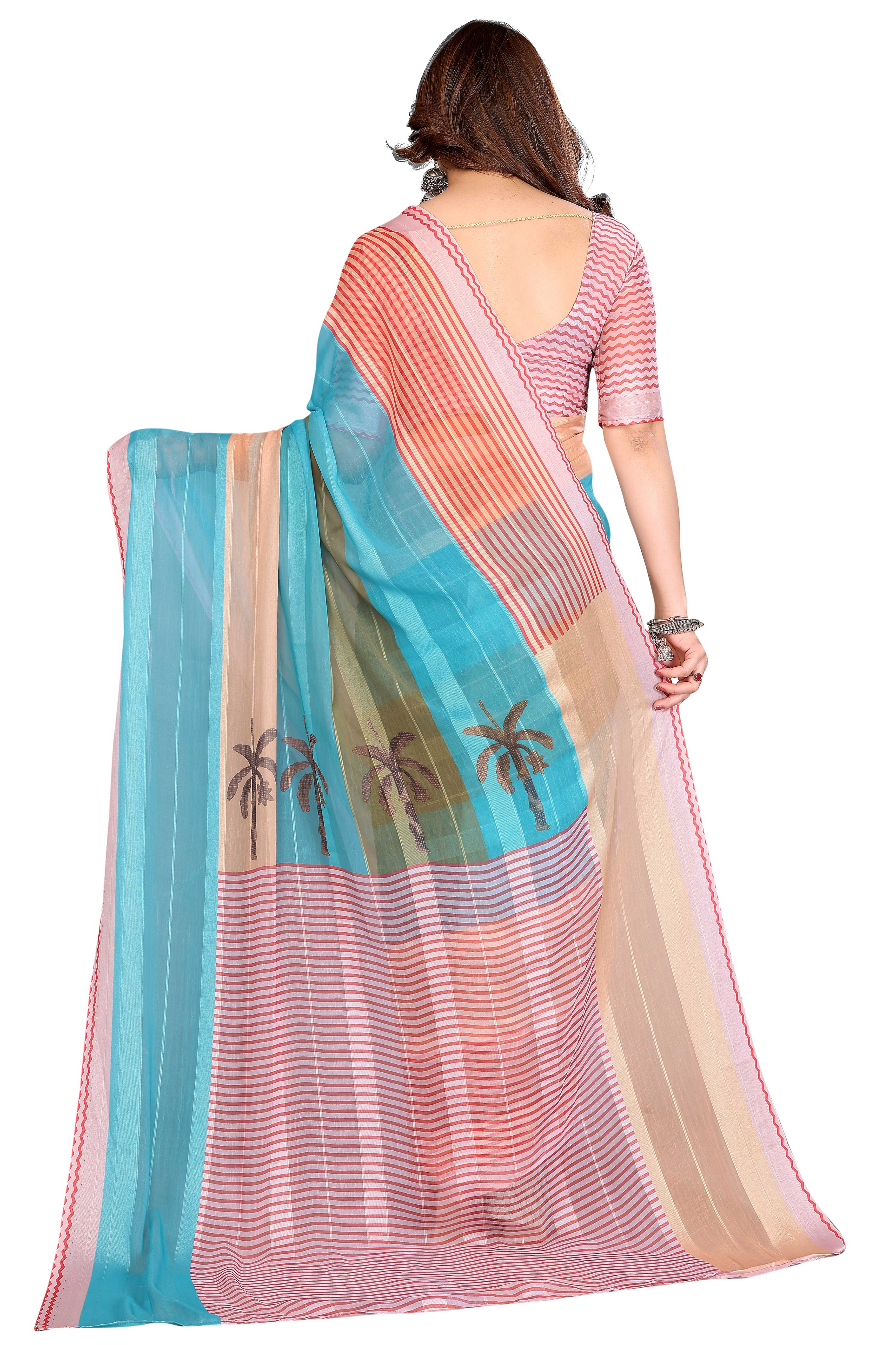 Premium Multicolor Digital Printed Georgette Saree Featuring Delicate Zari & Bright Striped