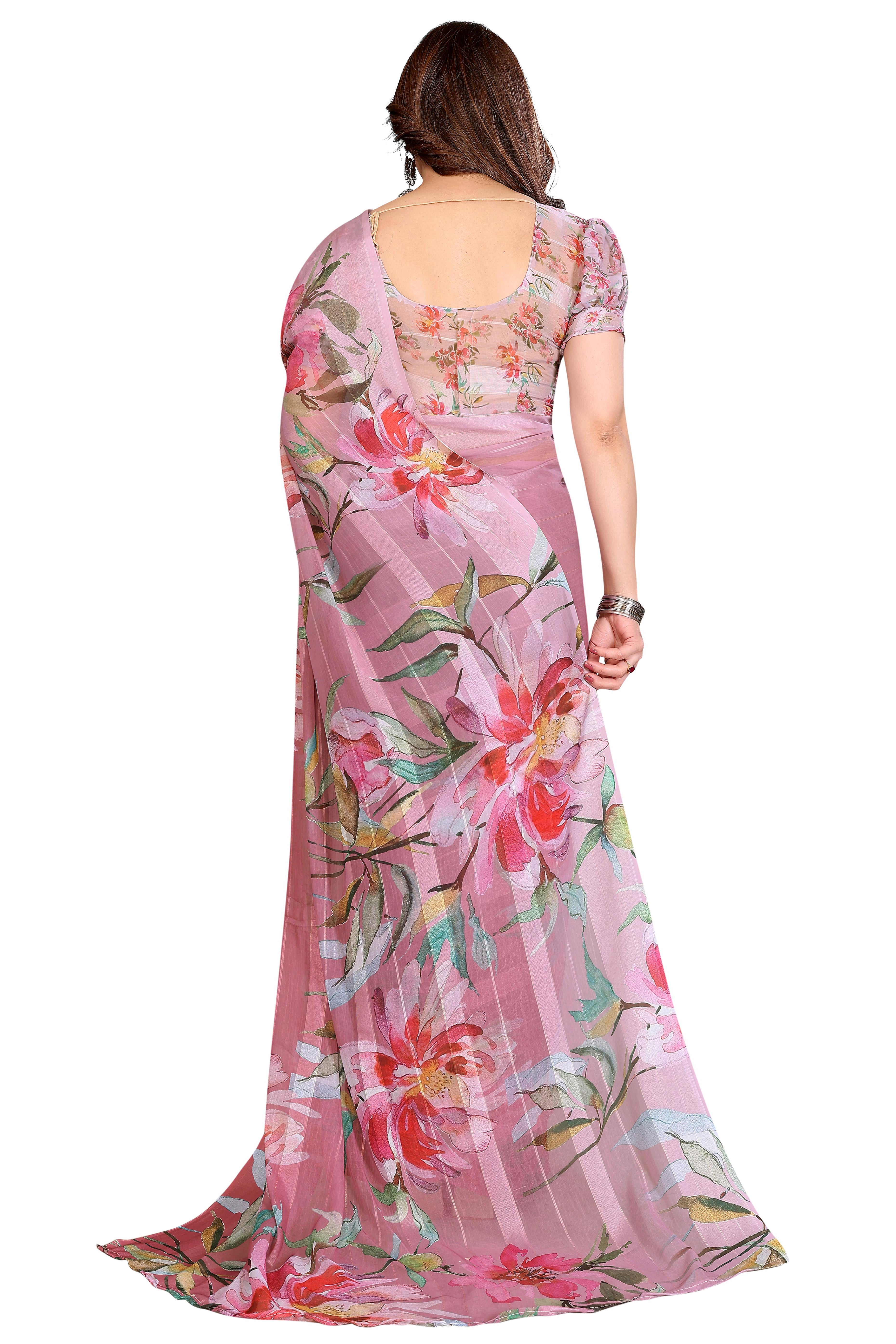 Premium Pink Floral Digital Printed Georgette Saree Featuring Delicate Zari & Bright Striped