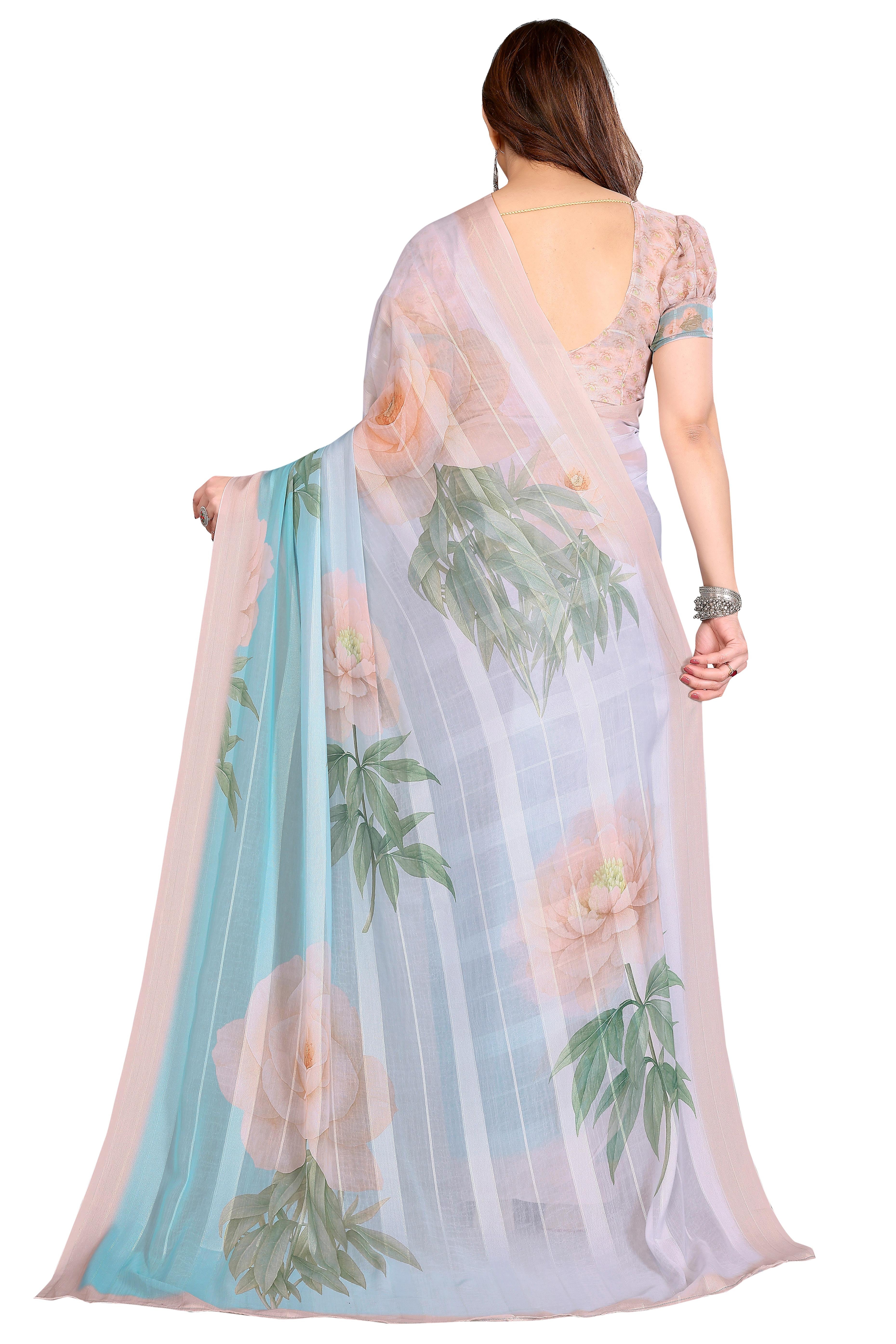 Premium Sky Blue & Grey Floral Digital Printed Georgette Saree With Delicate Zari & Bright Striped