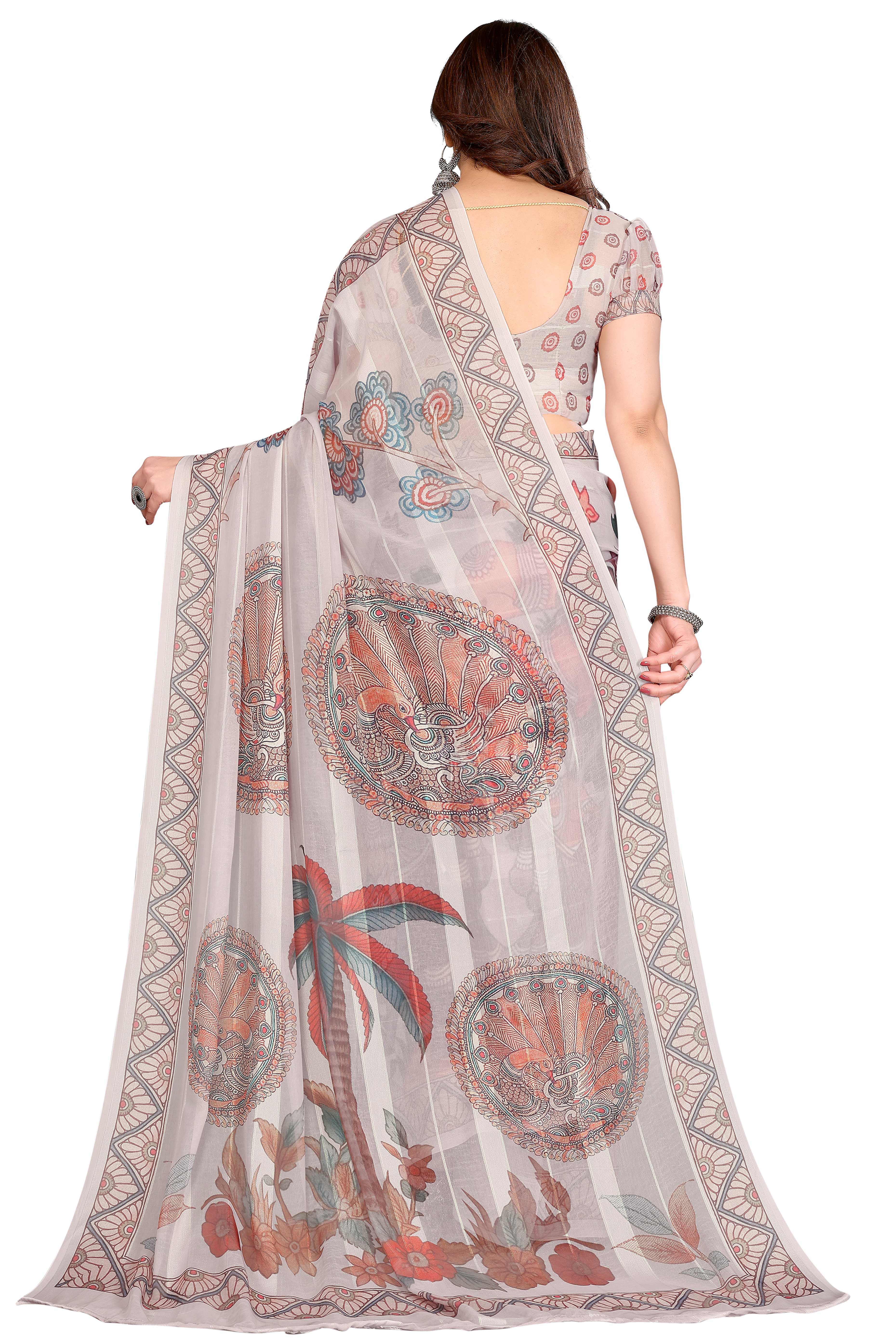 Luxury Beige Floral Digital Print Georgette Saree With Subtle Zari Highlights & Vibrant Striped
