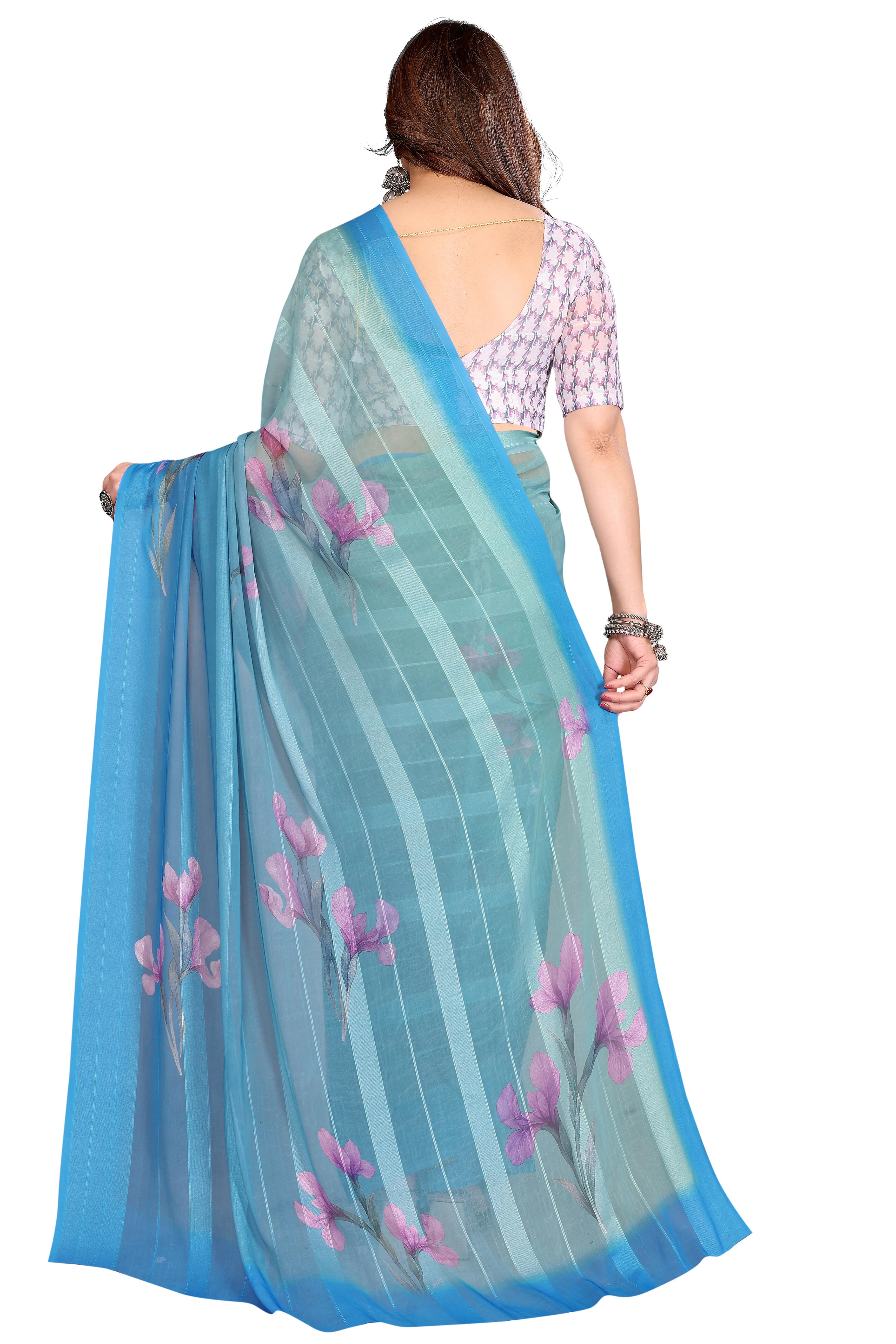Luxury Blue Floral Digital Print Georgette Saree With Subtle Zari Highlights & Vibrant Striped
