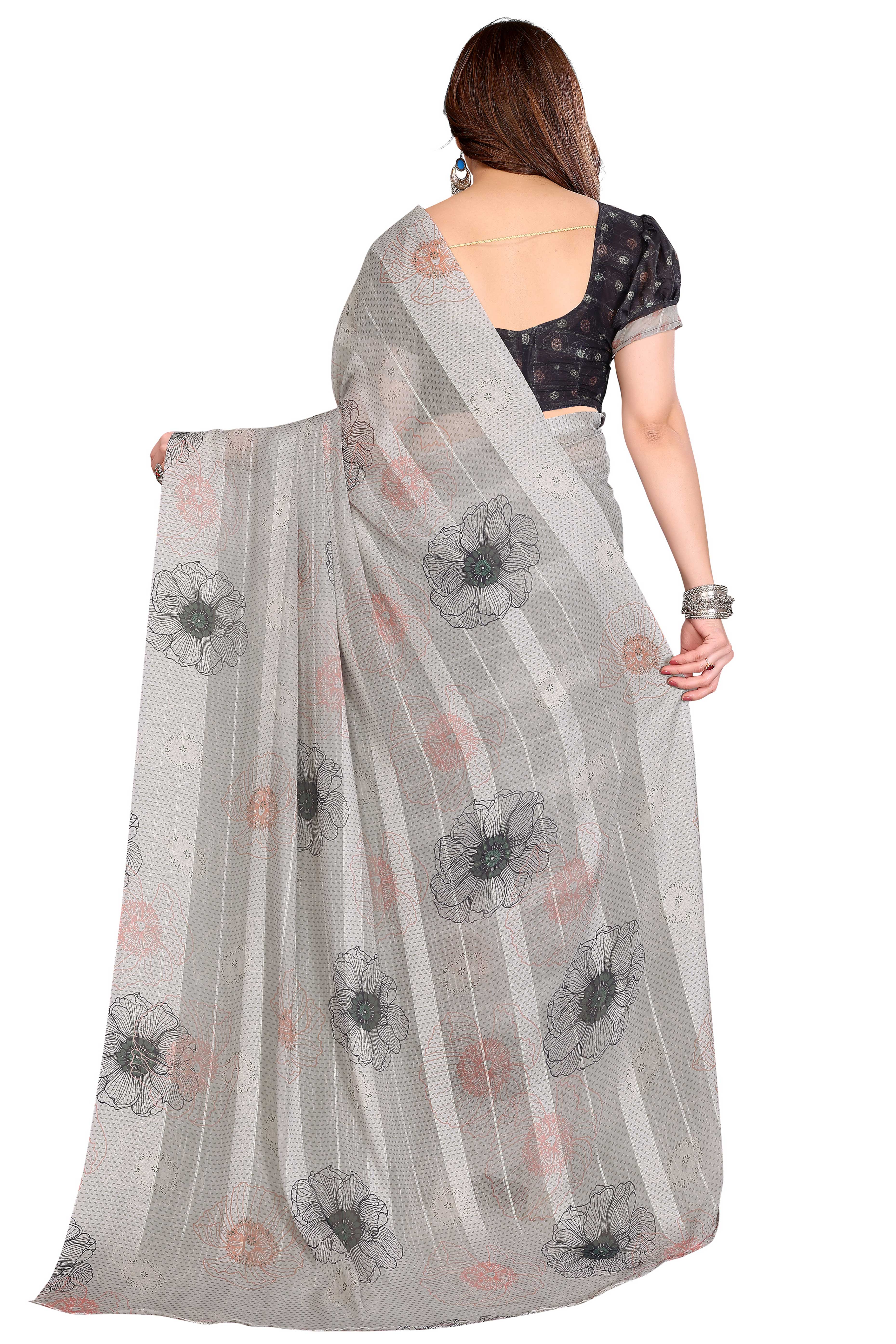 Luxury Grey Floral Digital Print Georgette Saree With Subtle Zari Highlights & Vibrant Striped