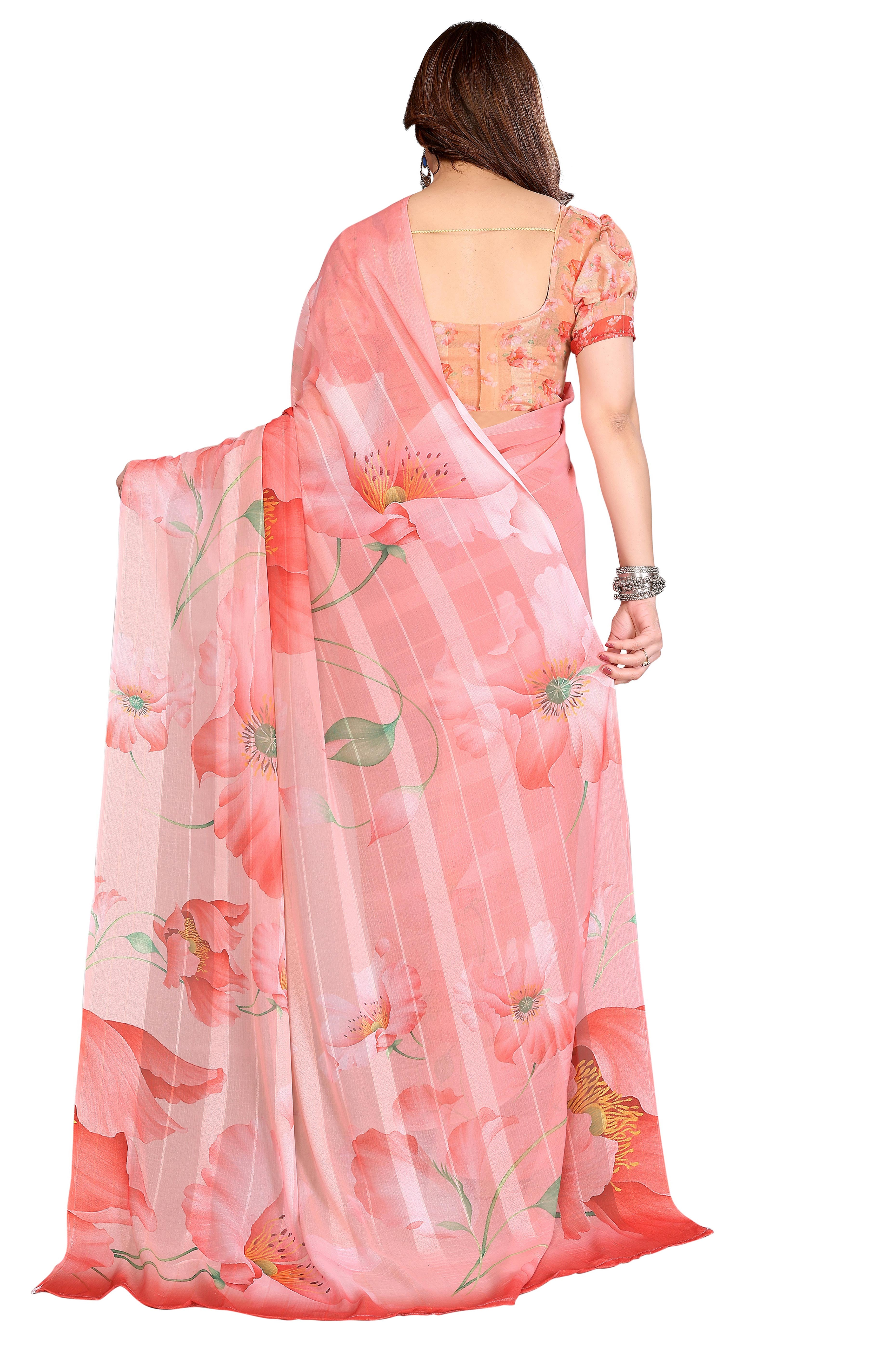 Luxury Peach Floral Digital Print Georgette Saree With Subtle Zari Highlights & Vibrant Striped