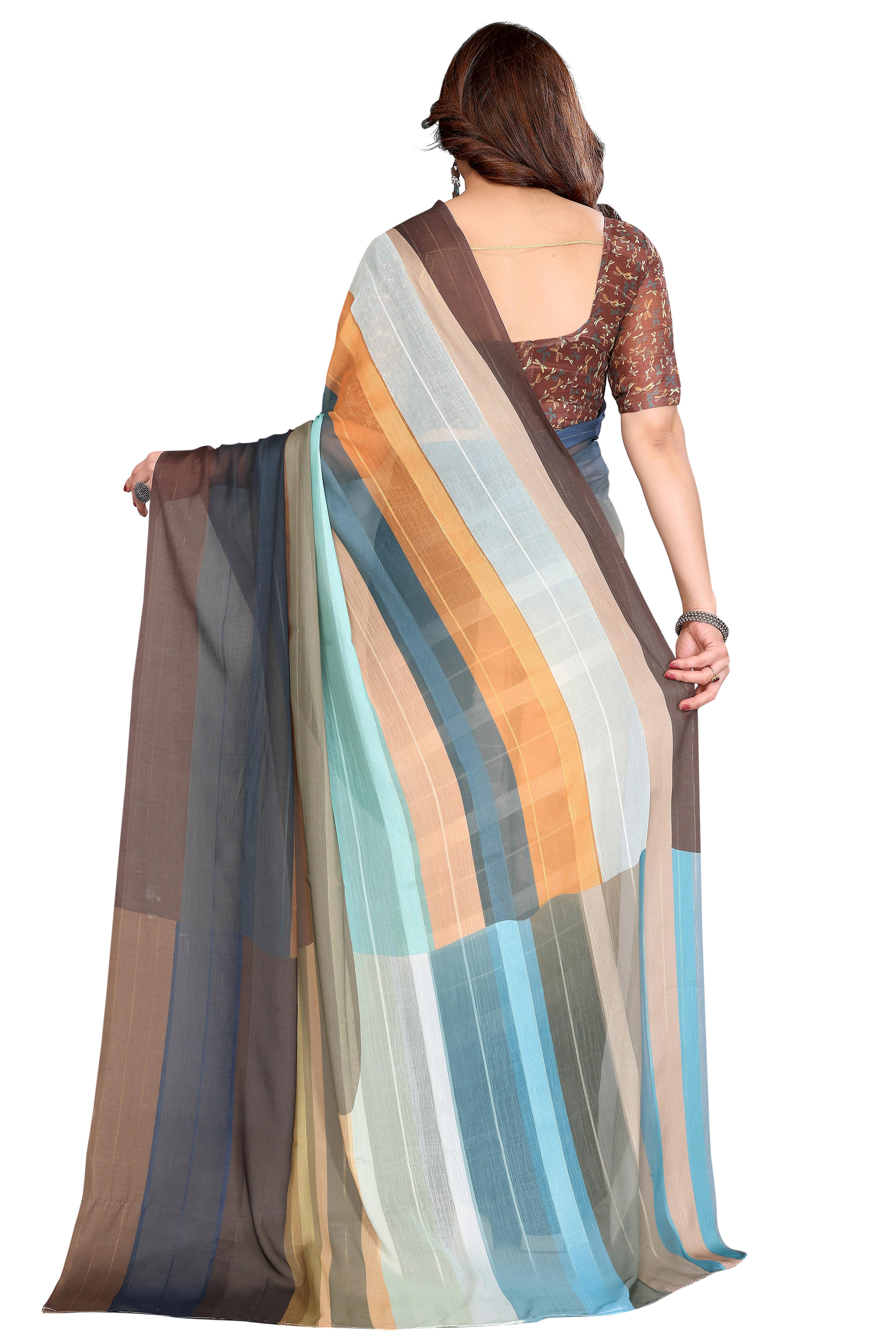 Luxury Multicolor Digital Print Georgette Saree With Subtle Zari Highlights & Vibrant Striped