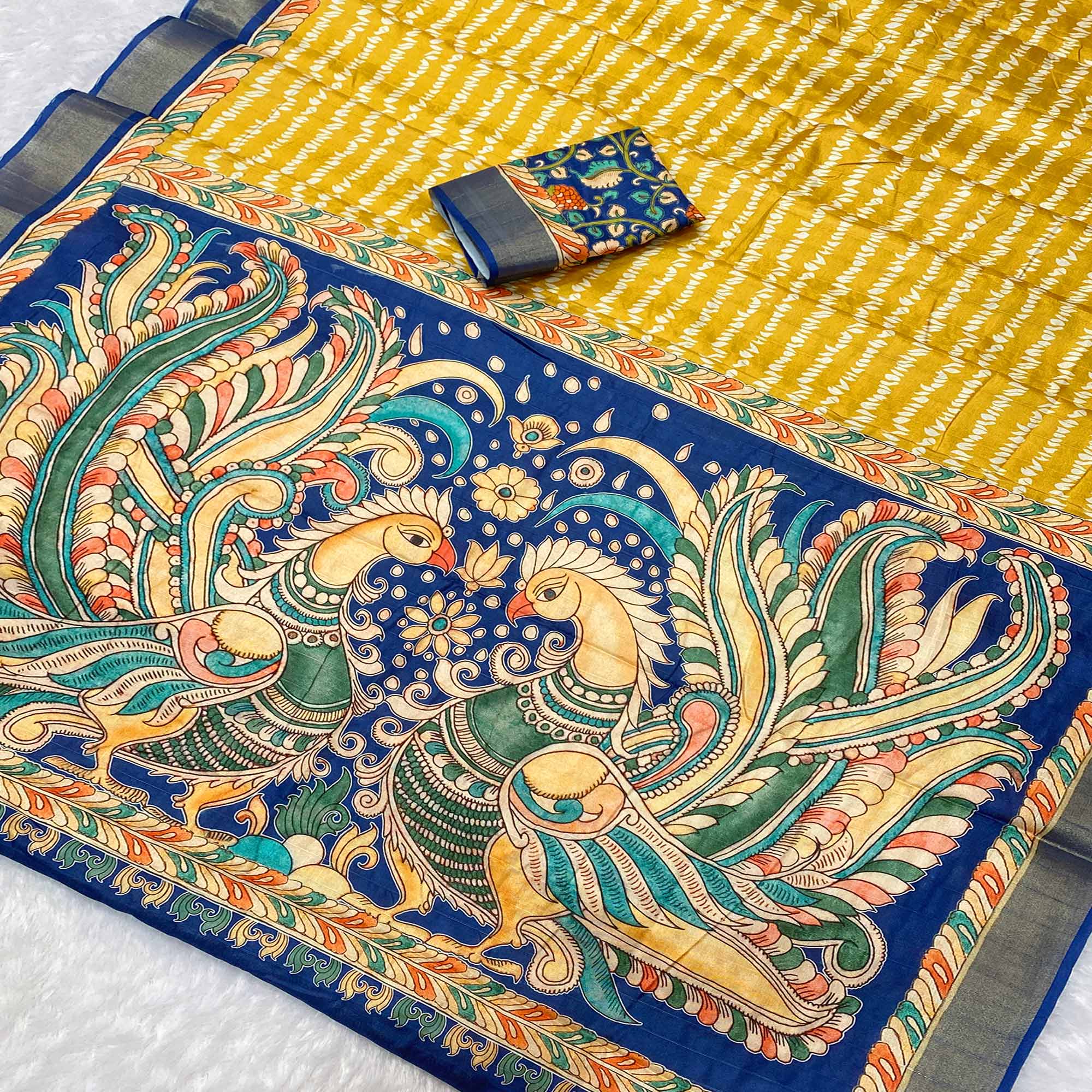 Mustard Tusser Art Silk Saree Embellished With Peacock Print & Zari Border Work