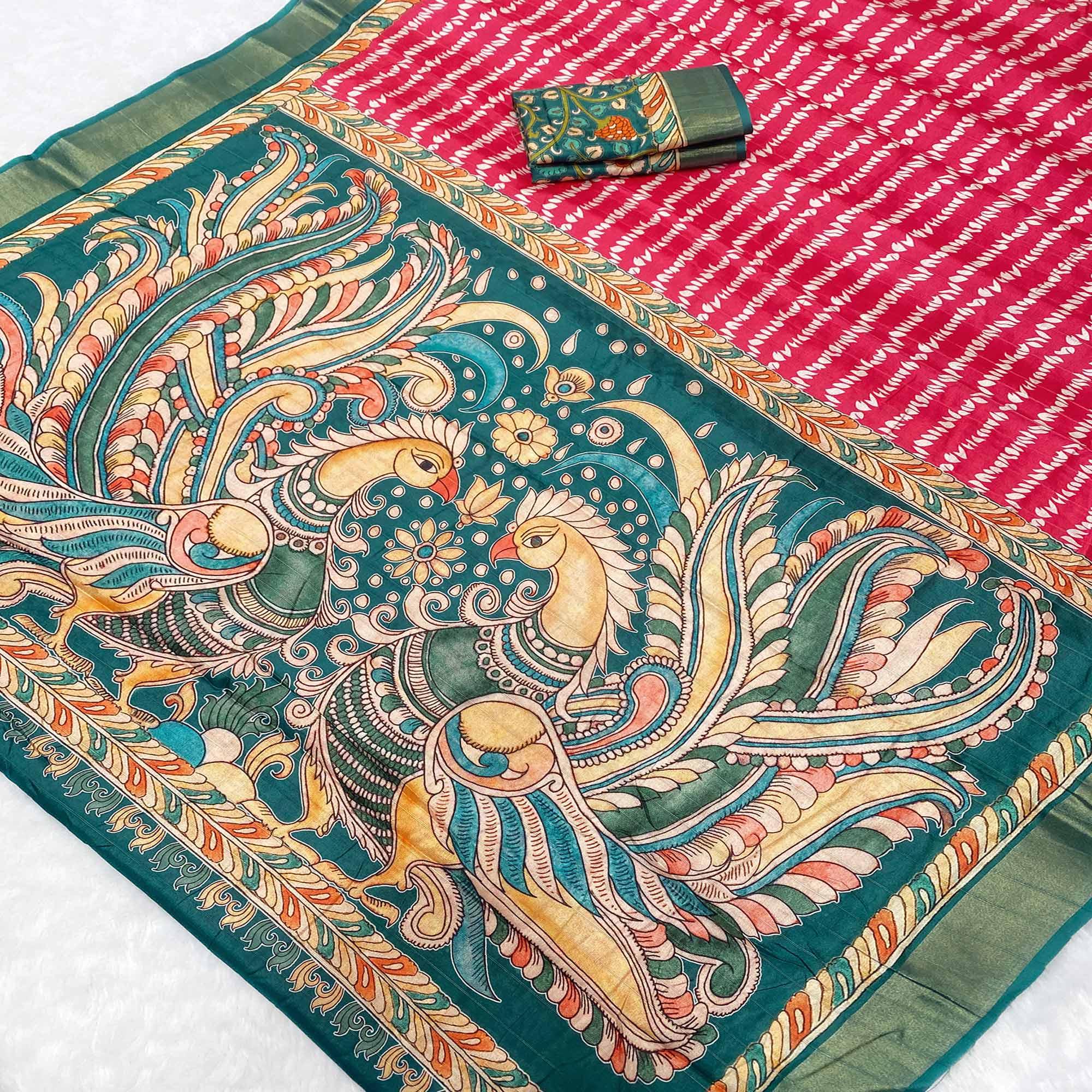 Pink Tusser Art Silk Saree Embellished With Peacock Print & Zari Border Work